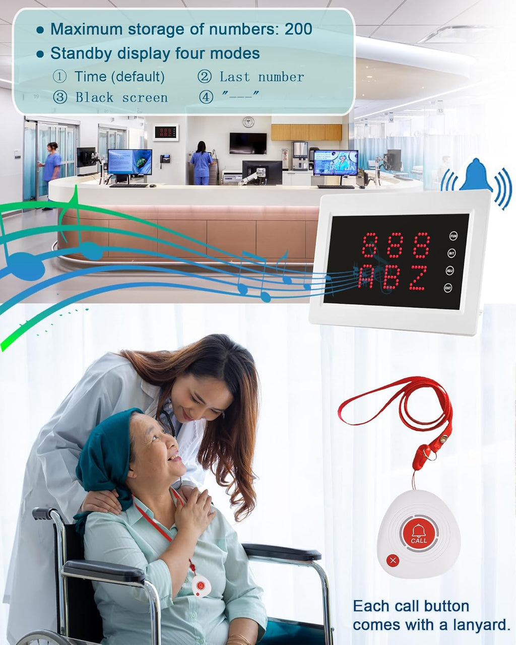 Wireless Caregiver Pager Nursing Calling System Elderly Alarm with 1 Display Receiver and 10 Waterproof 2 Key Call Buttons for Nursing Home Clinic (10 M2 Call Buttons)