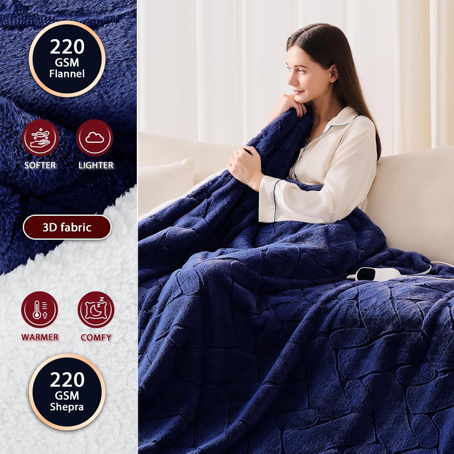 Heated Electric Blanket- Electric Throw Blanket 72"x84" for Bed- Heated Blanket with 5 Heating Levels& 4 Hours Auto Off for Home Office - Soft Faux Fur Heating Blanket for Full Body(Navy Blue)