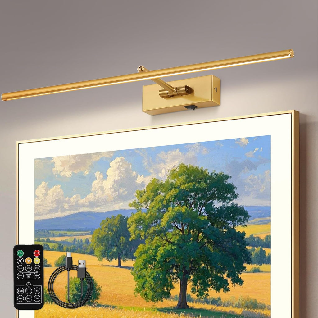 Battery Operated Picture Light with Wireless Remote 3CCT Dimmable Gold Wall Art Lights for Paintings 3 Color Rechargeable cordless decor Gallery Light 24’‘ Artwork Lighting for Canvas Timer Function