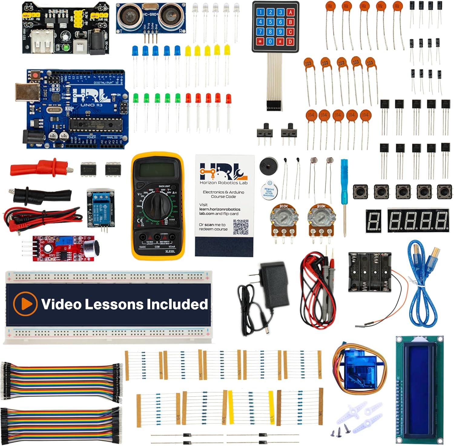 Horizon Uno Electronics Starter Kit with Video Lessons – Arduino-Compatible Board, Sensors, LEDs, Servos & More – Learn Electronics & Coding for Beginners