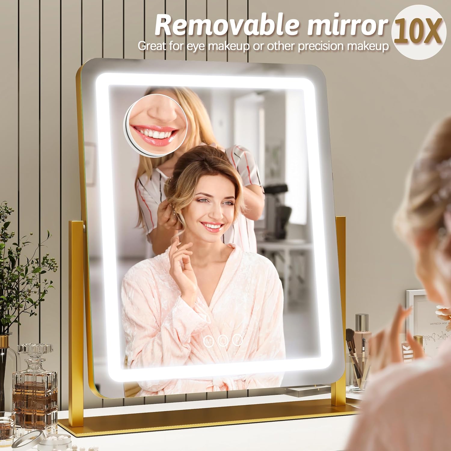 ROLOVE Vanity Mirror with Lights, 18"x22" LED Makeup Mirror with 10X Magnification, Smart Touch 3 Colors Dimmable, Light Up Mirror for Makeup Desk, 360° Rotation, Gold