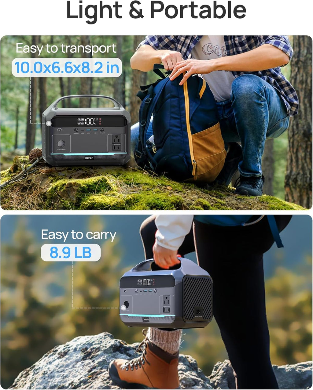 DaranEner Portable Power Station 600W, 288Wh LiFePO4 Battery Backup Power w/2×600W AC Outlets (1200W Surge), 2.2H Fast Charging, Solar Generator for Outdoor Camping/RVs/Home Emergency (Solar Optional)