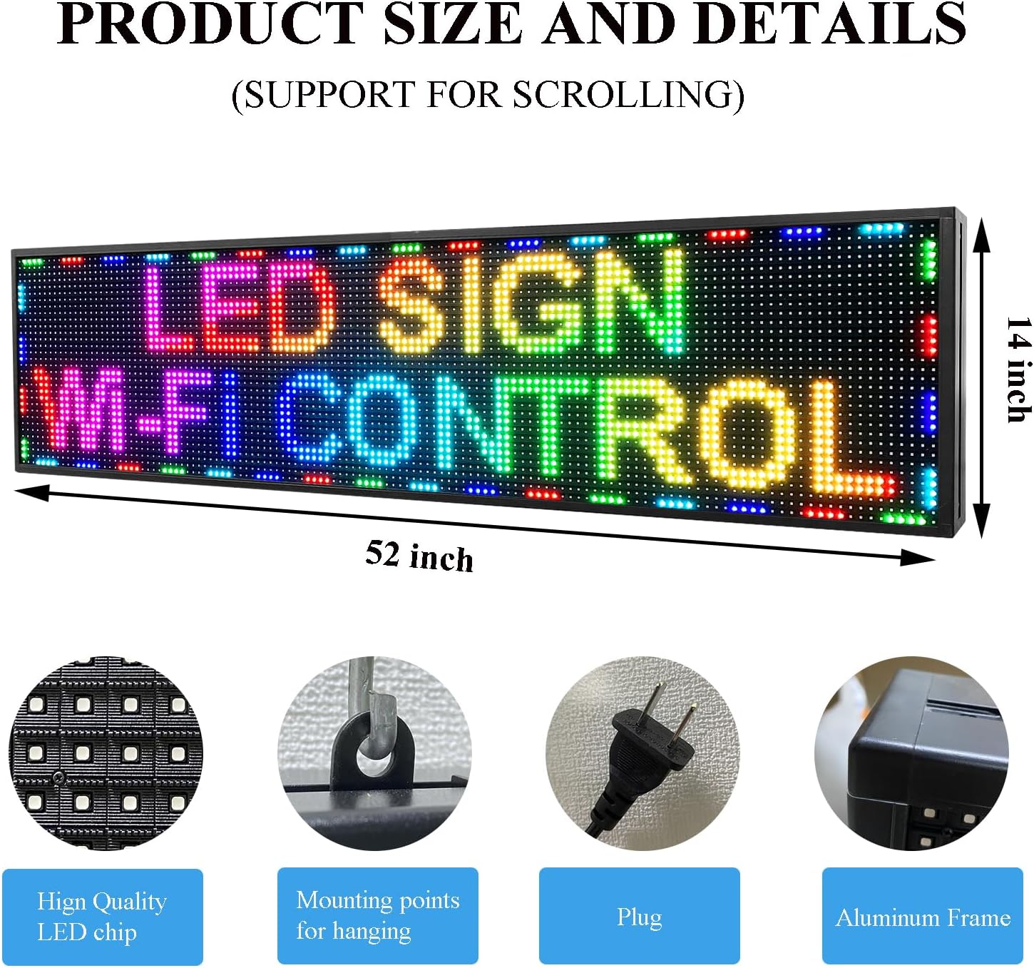 P10 Outdoor Led Sign 52”x14” RGB Full Color WiFi Programmable Bright LED Scrolling Message Display Board, Perfect Solution for Advertising
