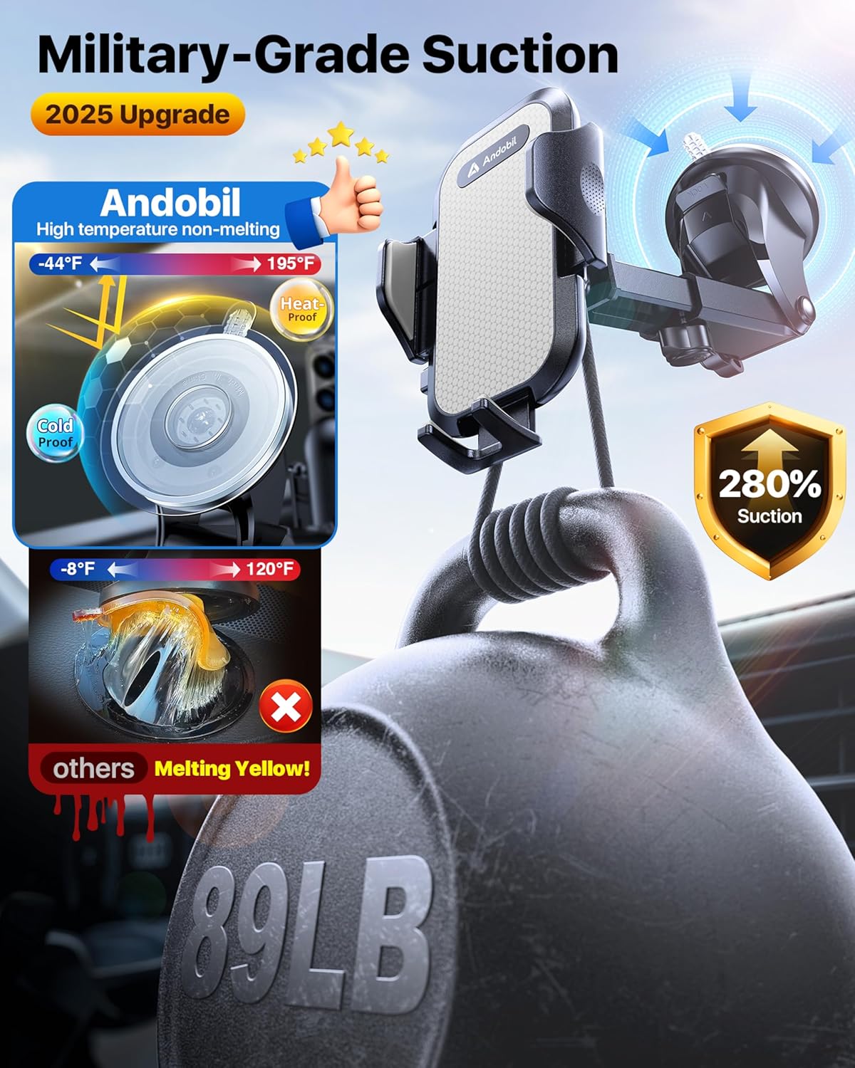andobil Car Phone Holder, 2025 Military-Grade 89lbs Strongest Suction Phone Holders for Your Car Dashboard/Windshield/Vent Easy Clamp Cellphone Holder Truck Stand for iPhone 17 16 15 Pro Samsung Grey
