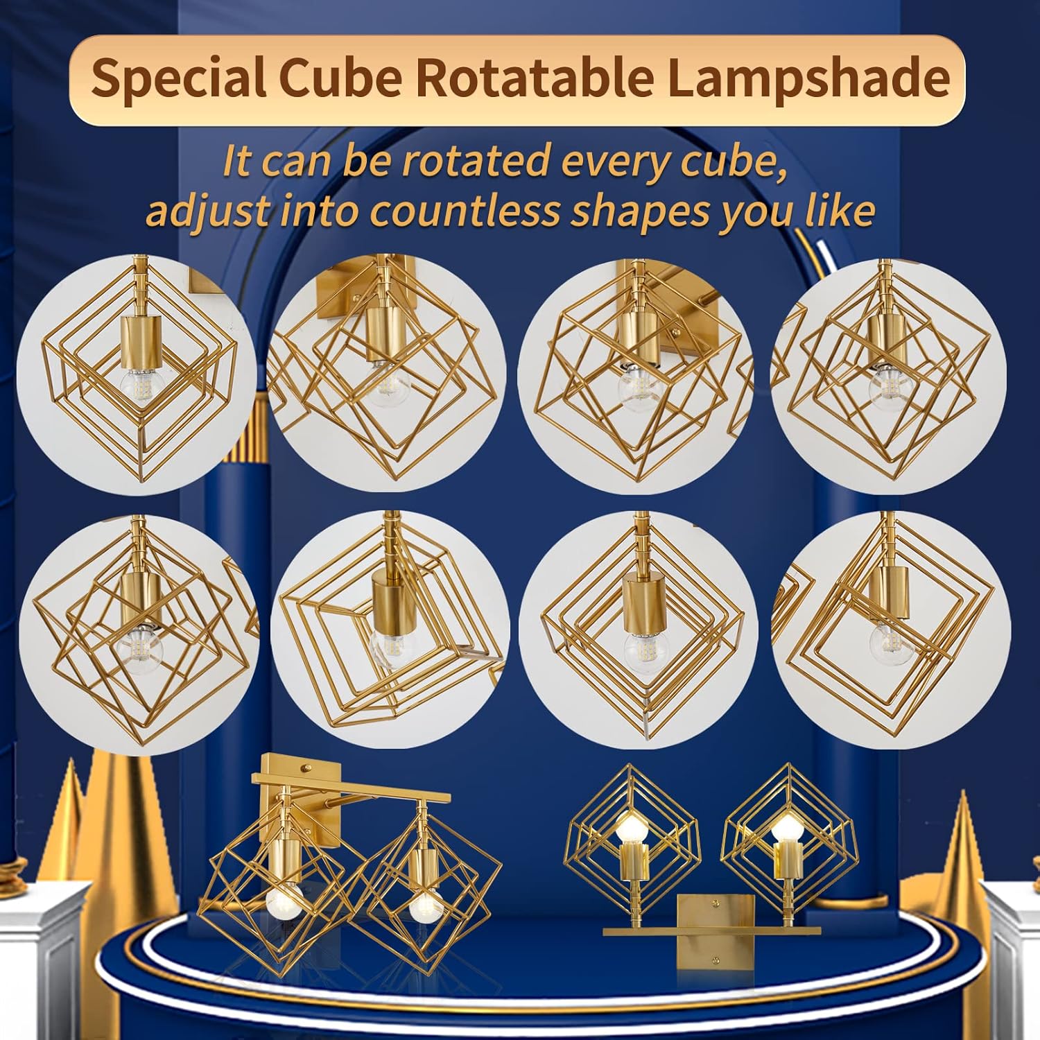 Bathroom Vanity Light with 2 Bulbs Bathroom Light Fixtures Over Mirror with Rotatable 2 Cube Shades Modern Wall Mounted Brushed Brass