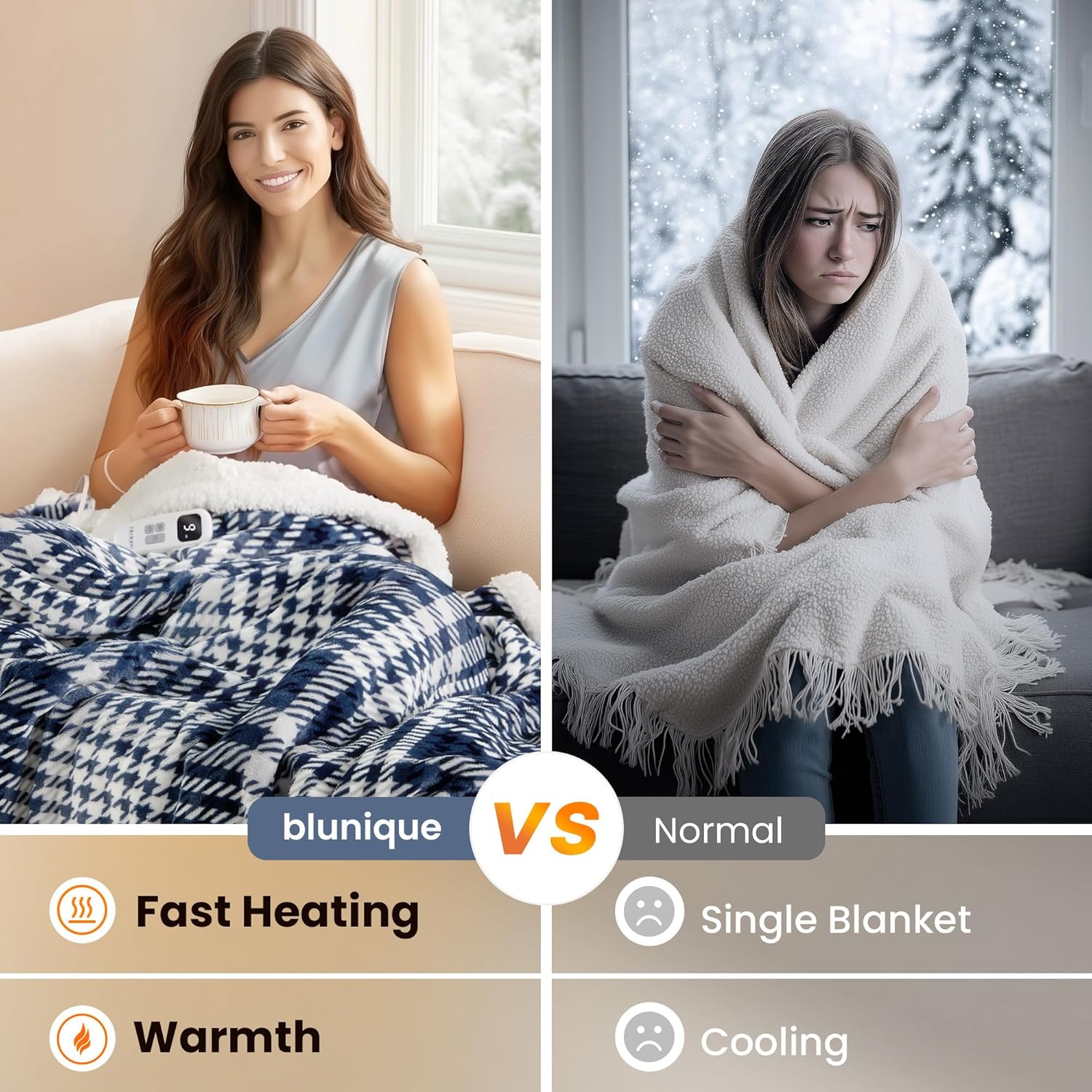 Heated Blanket Electric Throw-50''x60''Ultra Soft Cozy Plaid Flannel Fast Heating Electric Blanket with 10 Heat Levels & 10 Hours Auto Off, ETL Certified, Keep Warm in Couch Bed Office(Navy)