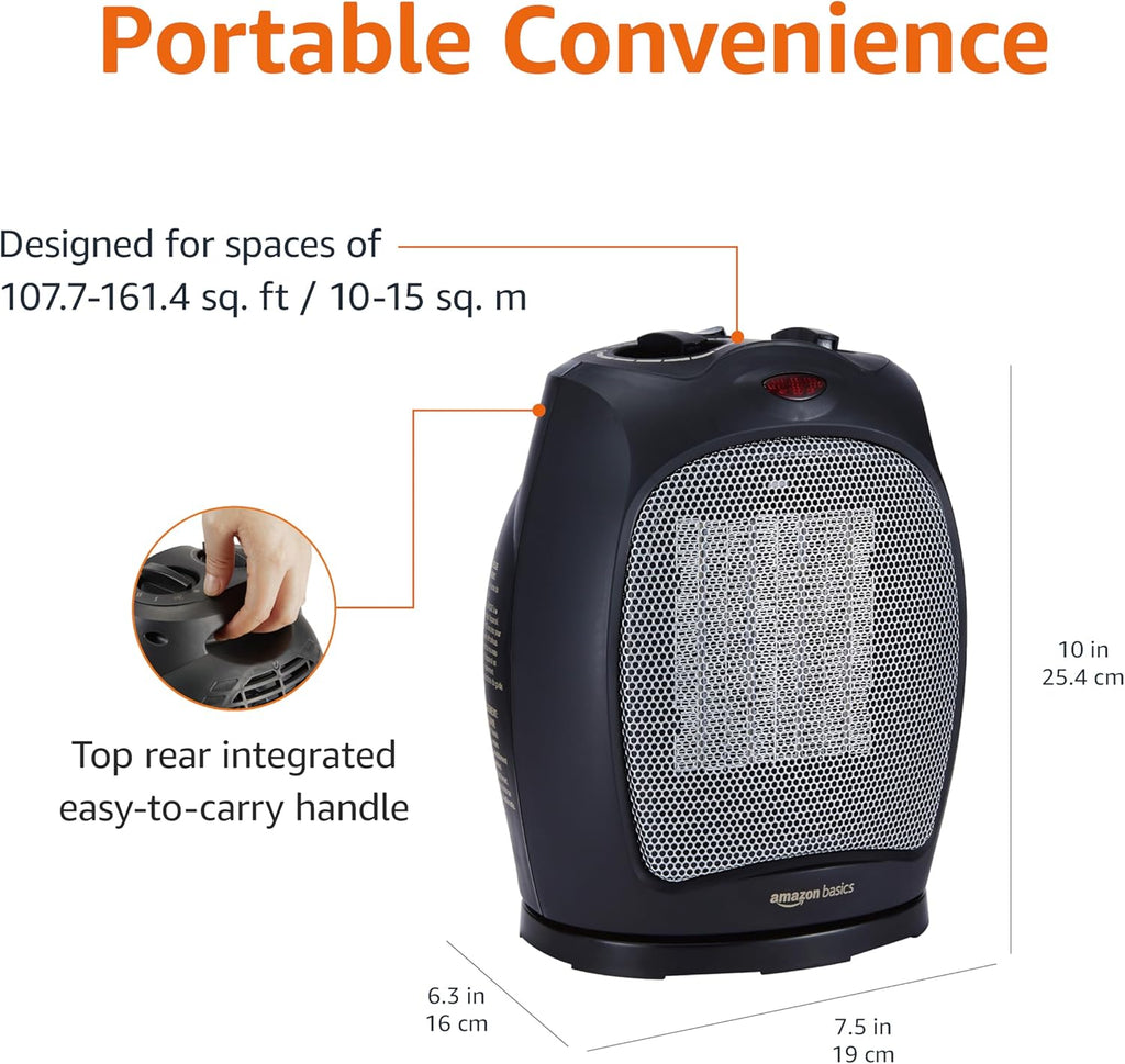 Amazon Basics Oscillating Ceramic Space Heater, Portable Indoor Heating Solution, With Overheat and Tip-Over Protection, Thermostat, 1500W, 7.52"D x 6.34"W x 9.45"H, Black