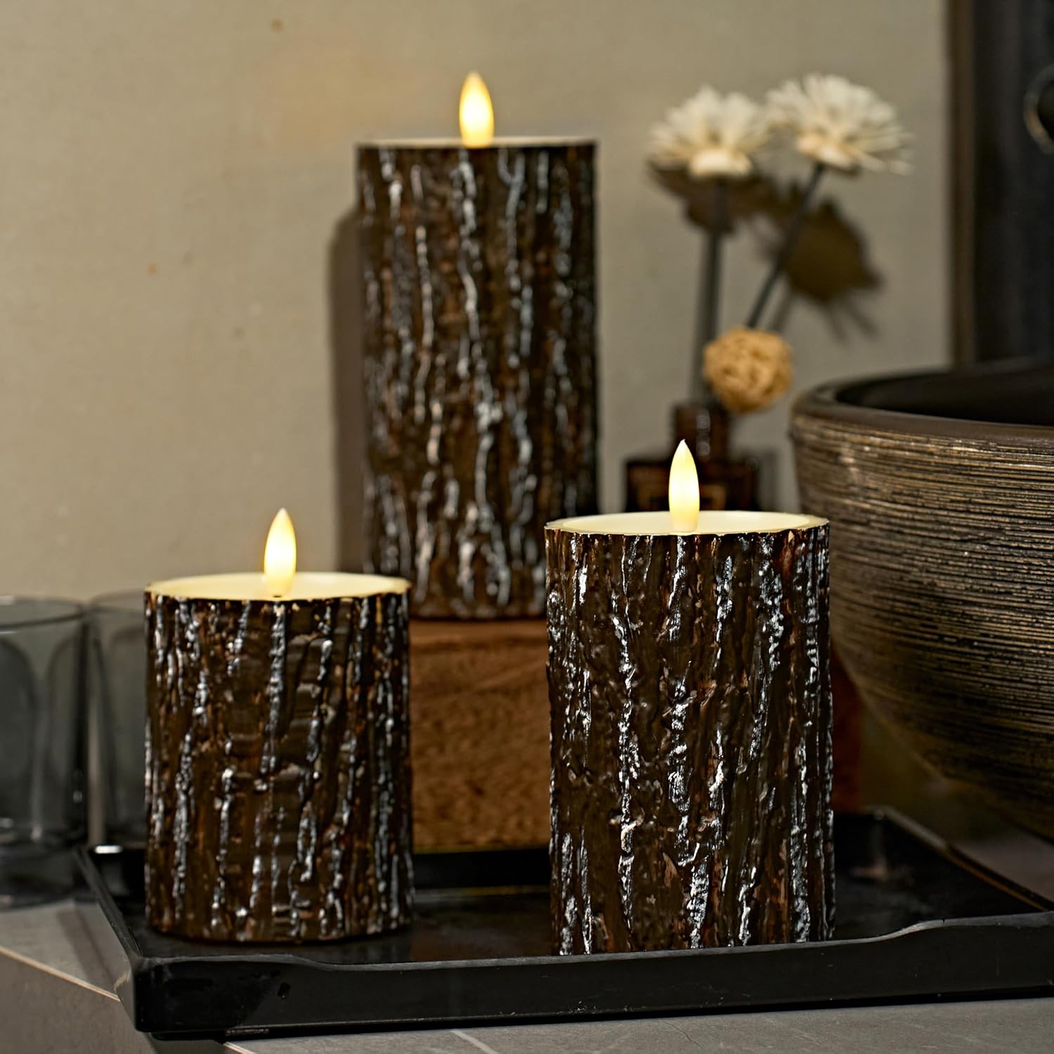 Comenzar Flameless Candles Battery Operated Candles Pine Bark Effect Real Candle Flickering 3D Wick Electric Home Decor Festival LED Candle with Timer 3Pack