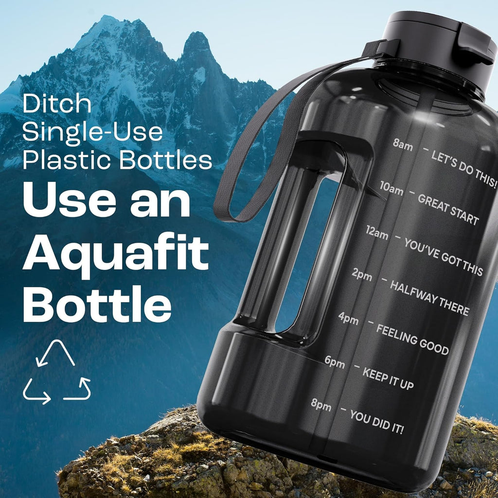 AQUAFIT 128 oz Water Bottle with Time Marker - Straw & Chug Lid - BPA Free 1 Gallon Gym Water Bottle with Handle - Big Gallon Jug (Blue, 128 Ounces)