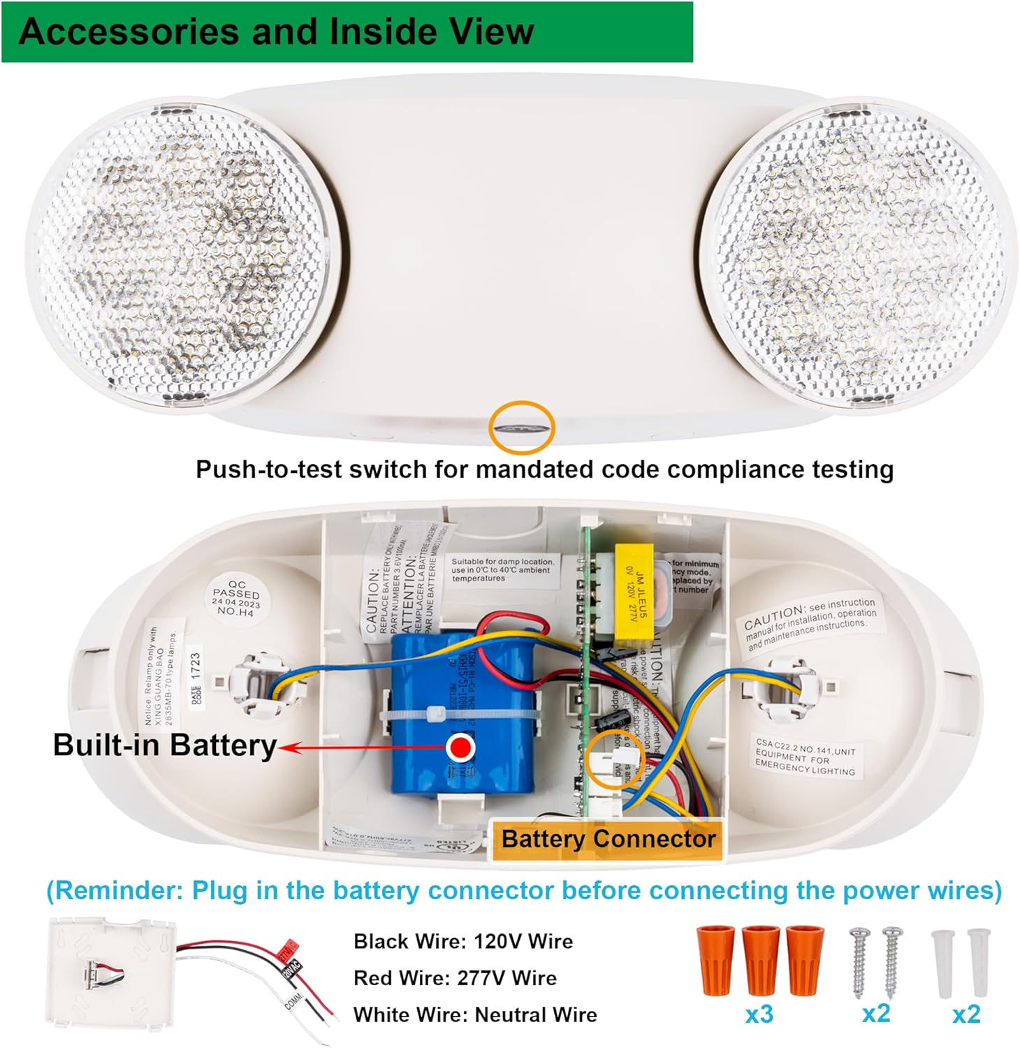 GRUENLICH LED Emergency Light, Exit Lighting Fixtures with 2 LED Bug Eye Heads and Back Up Batteries, UL 924 Qualified, 120/277 Voltage, 2-Pack