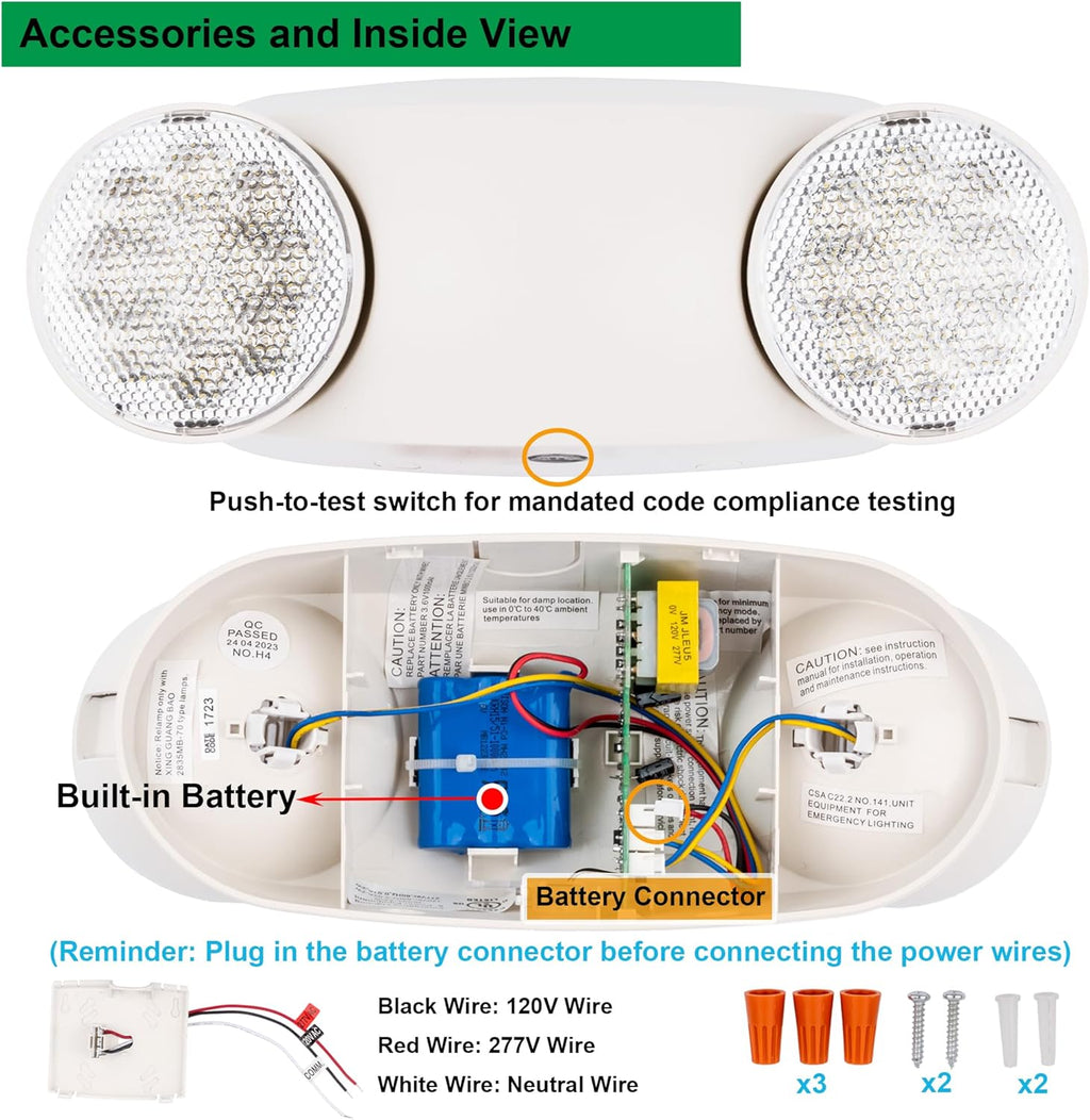 GRUENLICH LED Emergency Light, Exit Lighting Fixtures with 2 LED Bug Eye Heads and Back Up Batteries, UL 924 Qualified, 120/277 Voltage, 1-Pack
