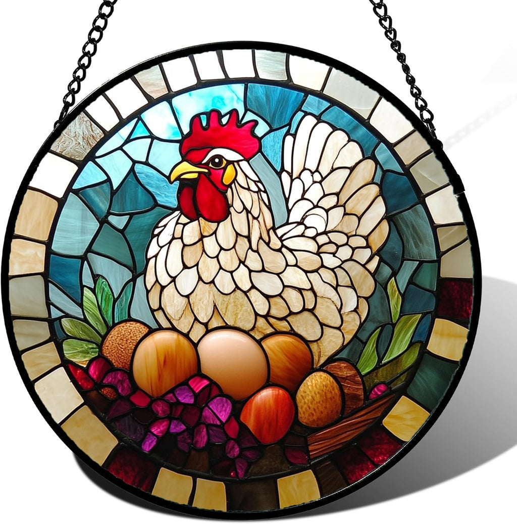 Stained Glass Window Hanging White Chicken Hatching Eggs 6.3" - Suncatcher Door Garden Sunroom Sun Catcher Home Decor Birthday Christmas for Mom Men Woman Nana