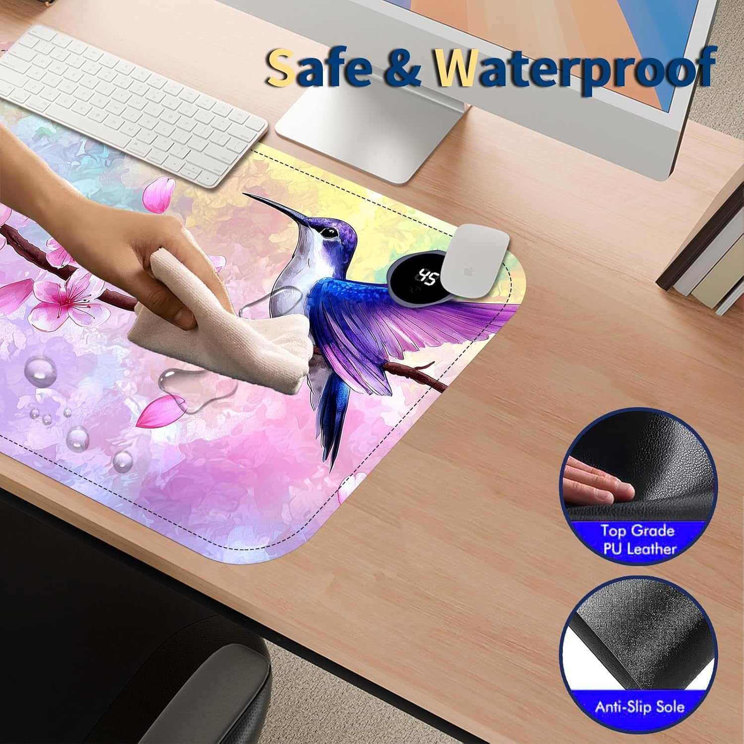 Heated Mouse Pad with 3 Temperature Settings(104°F–122°F),Large 24x14.2 Inch PU Leather Heated Desk Mat,Waterproof Warming Pad for Office,Gaming & Cold Hands Relief,Hummingbird Cherry Bloom