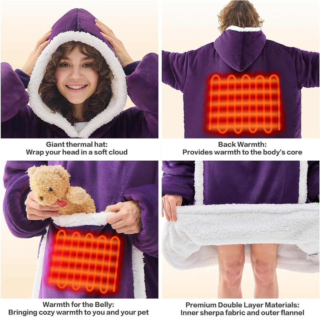 JOYWOO Purple Wearable Heated Blanket Hoodie,Oversized Cordless Portable Heating Hooded Blanket Cat Lovers,Christmas Gifts for Women,Mom,Grandma,Electric Blankets Throw for Adult Outdoor,Dark Purple