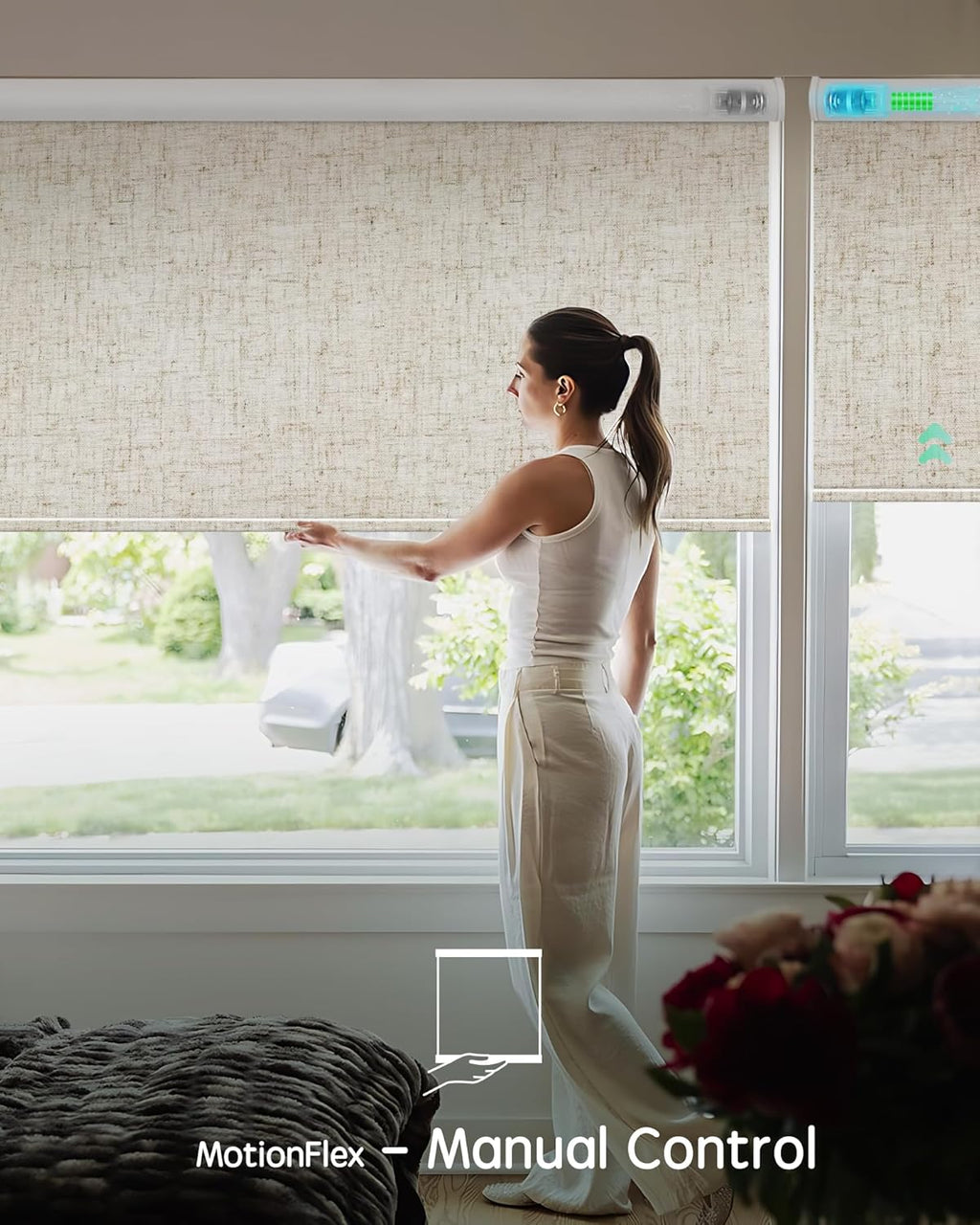 Yoolax Motorized Shades Dual Control, MotionFlex Motorized Roller Shades with App & Manual Control, Pull Down Automatic Shades for Indoor Windows, Custom Size(Blackout Linen Beige)