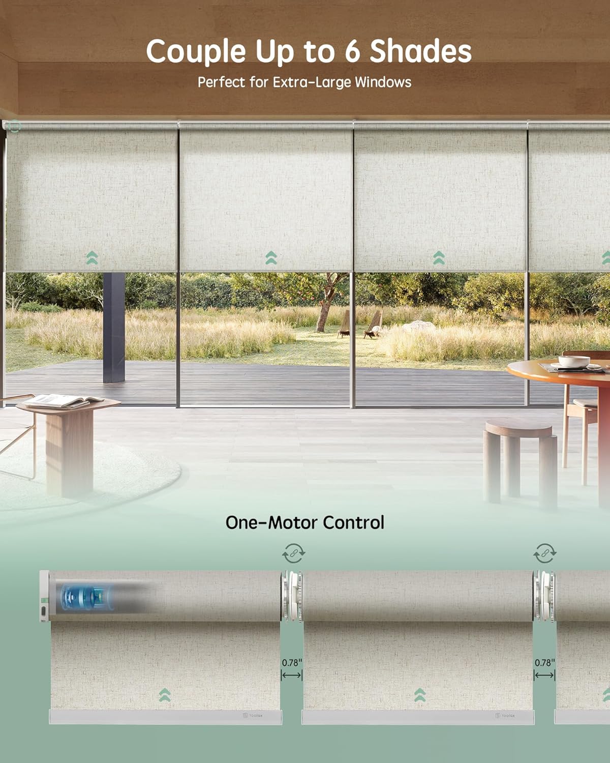 Yoolax Smart Coupled Roller Shades Compatible with Alexa Google, Motorized Blinds with Remote Light Filtering Coupled Roller Shades for X-Large Windows, Custom Size(XL Coupled-Linen Beige)