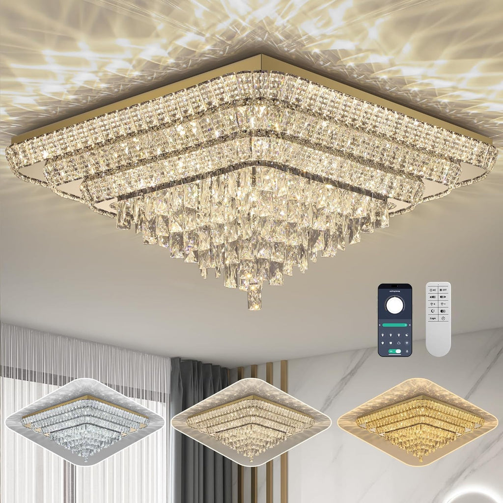 Elegant LED Gold Crystal Raindrop Ceiling Light,30 Inch Square Flush Mount Chandelier with Remote for Living Room Kitchen Island Bedroom Hallway Entryway Foyer (Dimmable)