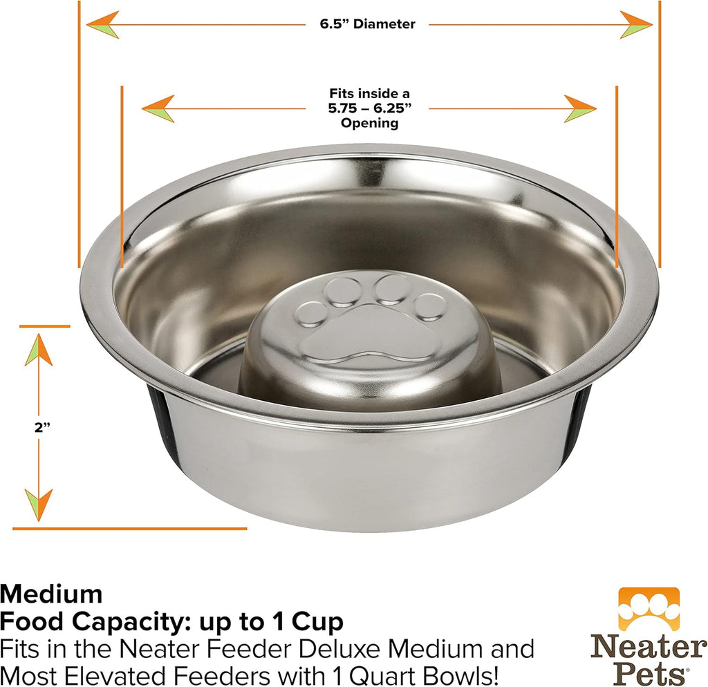 Neater Pet Brands Stainless Steel Slow Feed Dog Bowl for Fast Eating Medium Breed, Metal Slow Feeder Dog Bowl Fits in Medium Neater Feeder Deluxe, for Puppy or Dogs (19-40 lbs), 1 Cup Food Capacity