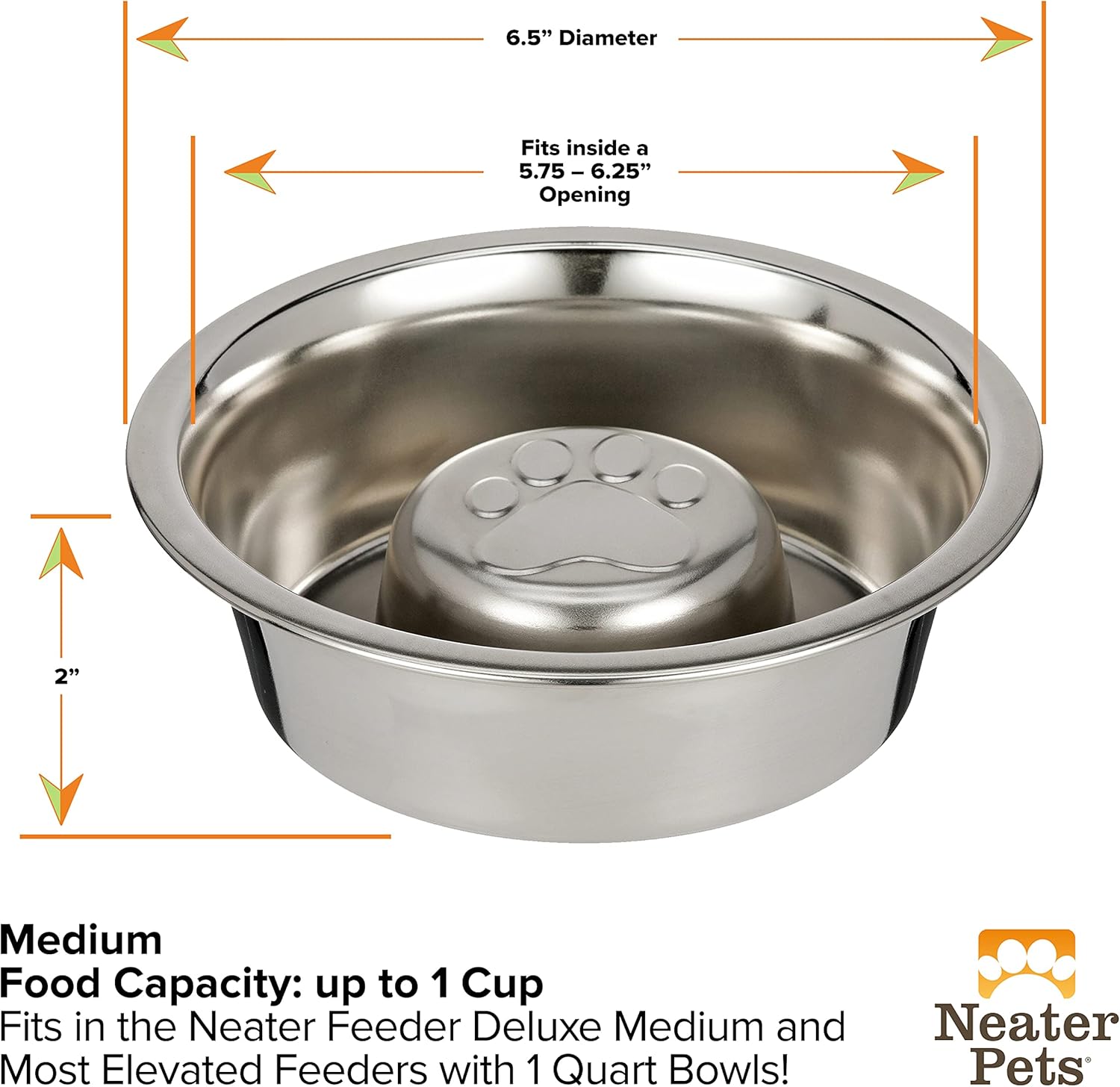 Neater Pet Brands Stainless Steel Slow Feed Dog Bowl for Fast Eating Medium Breed, Metal Slow Feeder Dog Bowl Fits in Medium Neater Feeder Deluxe, for Puppy or Dogs (19-40 lbs), 1 Cup Food Capacity