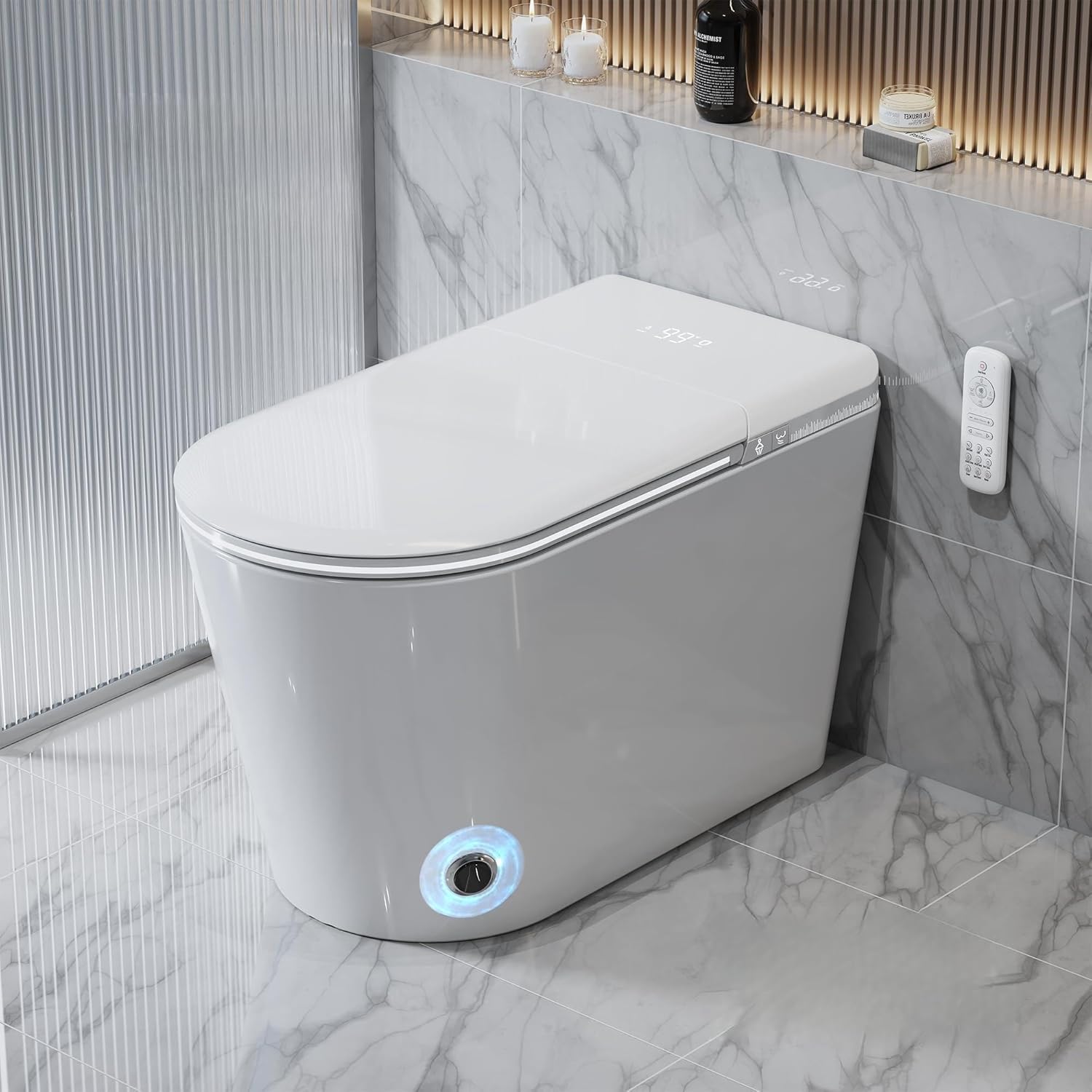 Smart Toilet with Auto Open/Close Lid for bedroom Heated Seat with Remote Control,Hidden Foam Shield, Multiple Cleaning Modes, Ambient Lighting,Soft Flush Feature Warm Water & Dryer