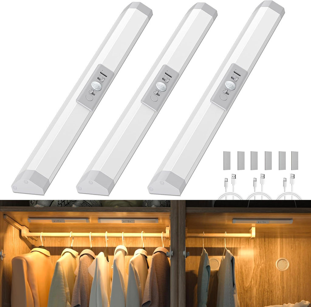 WOBANE Closet Lights Motion Sensored with Eye-Protection,Rechargeable LED Wardrobe Lighting with 3 Color,12 inch Dimmable Wireless Battery Operated Light Indoor for Stair,Pantry,Hallway,900mAh,3PCS