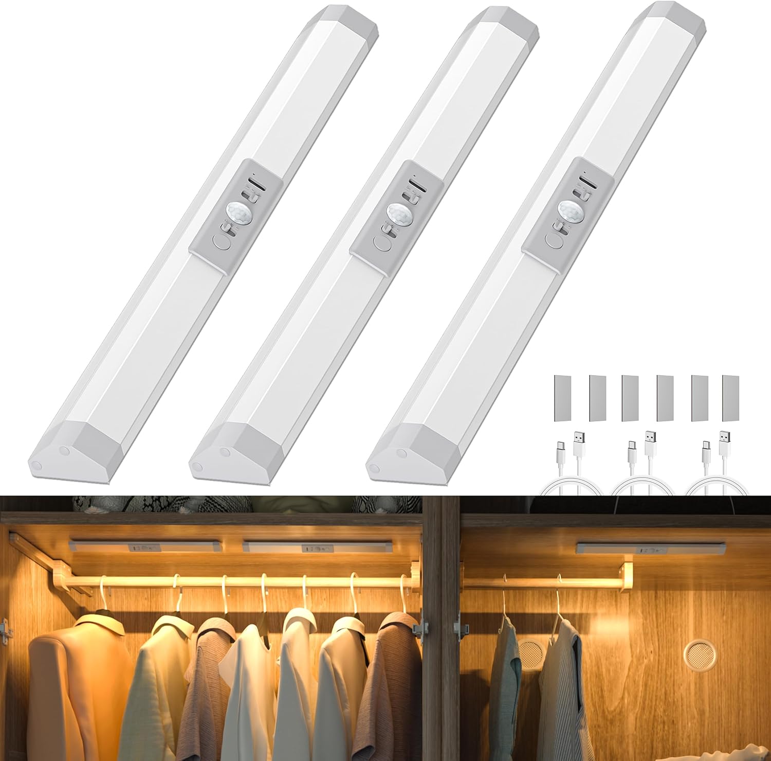 WOBANE Closet Lights Motion Sensored with Eye-Protection,Rechargeable LED Wardrobe Lighting with 3 Color,12 inch Dimmable Wireless Battery Operated Light Indoor for Stair,Pantry,Hallway,900mAh,3PCS