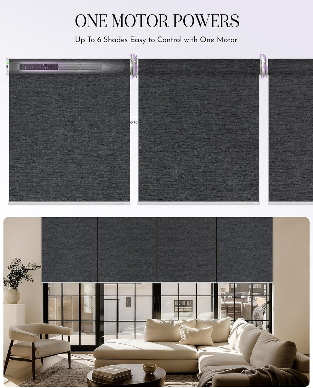 Graywind Smart Coupled Roller Shades Compatible with Alexa Google Custom Size Extra Large Motorized Blinds for Windows(Frequency Nero)