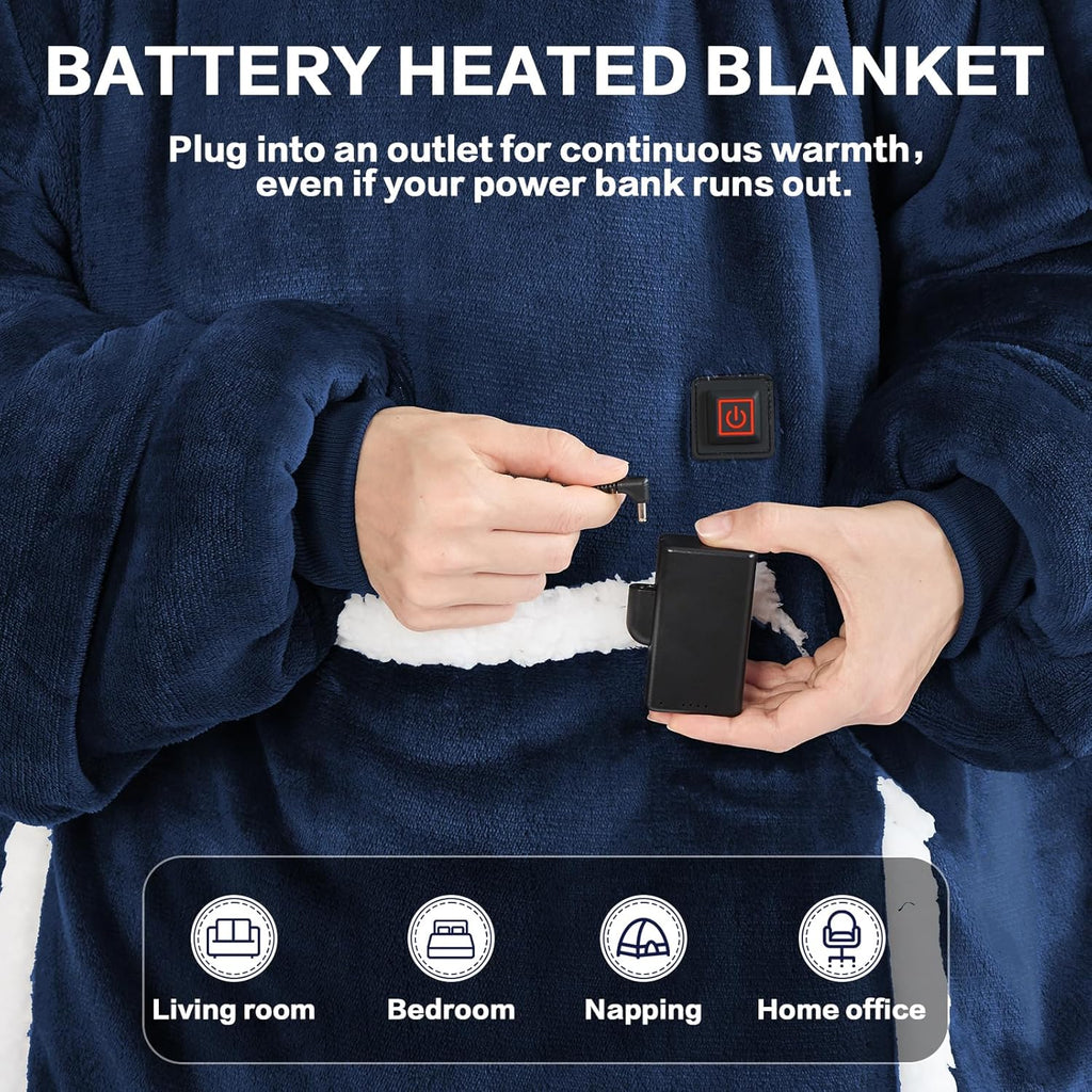 JOYWOO Wearable Heated Blanket Hoodie,Oversized Cordless Portable Heating Hooded Blanket Cat Lovers,Christmas Gifts for Women,Men,Cozy Sherpa Sweatshirt Electric Blankets Throw for Adult Outdoor,Navy