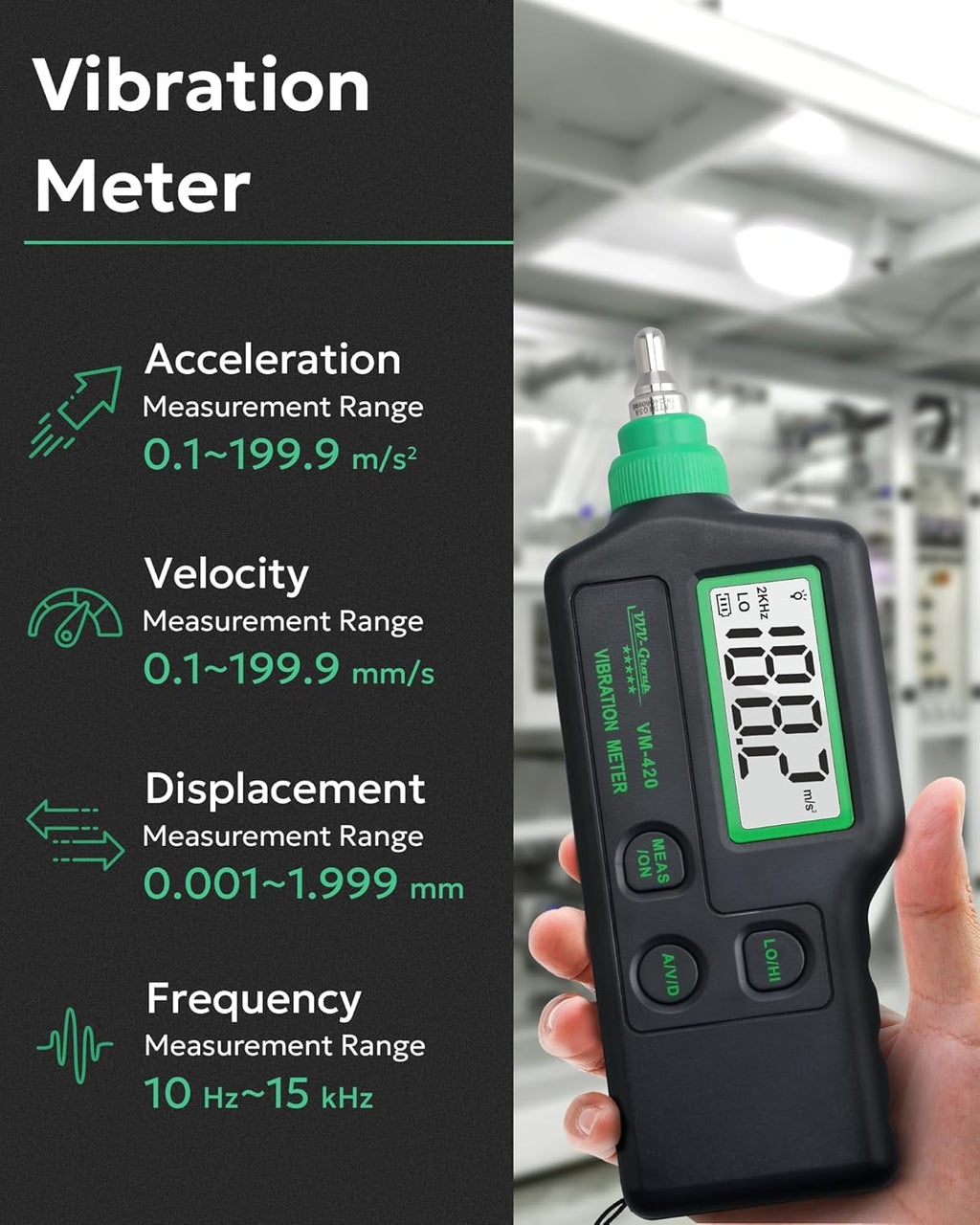 Vibration Meter VM-420 Digital Vibrometer Handheld Vibration Analysis Equipment Acceleration Velocity Displacement Measurement
