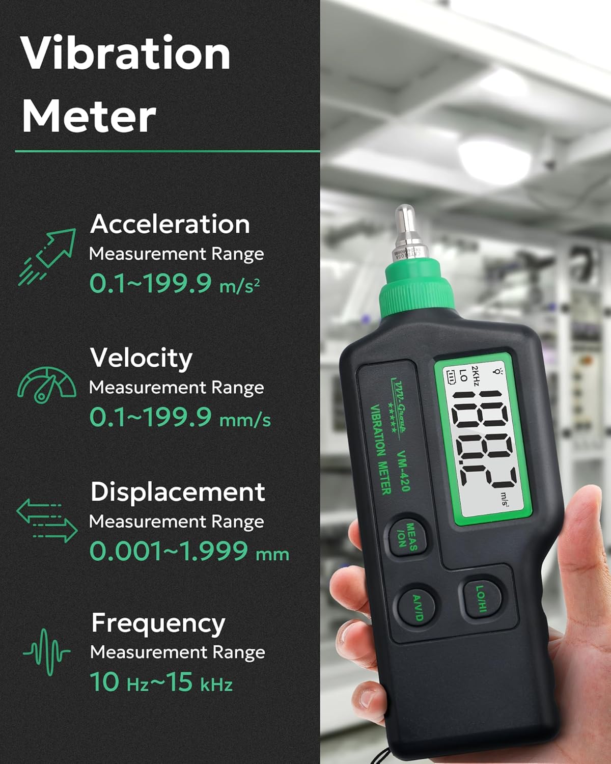 Vibration Meter VM-420 Digital Vibrometer Handheld Vibration Analysis Equipment Acceleration Velocity Displacement Measurement