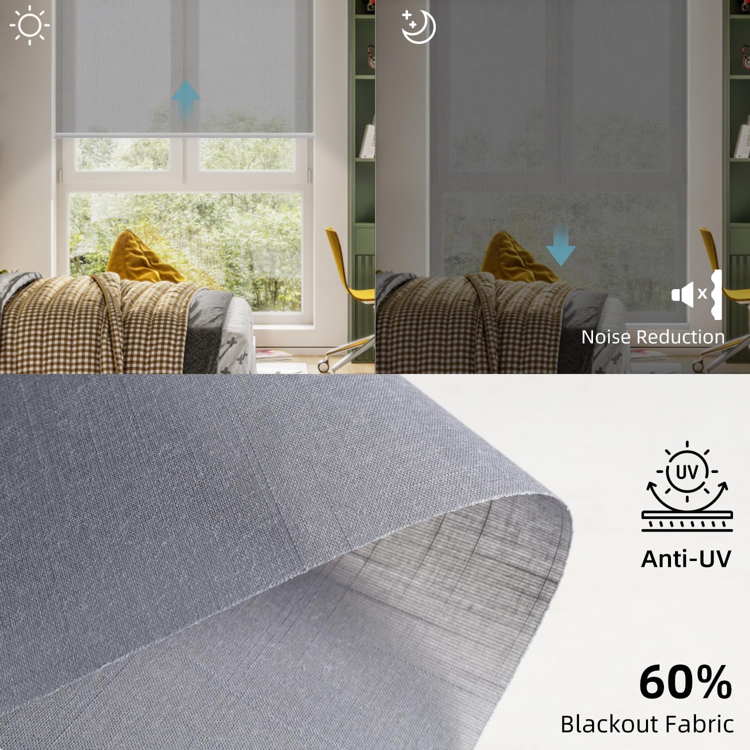 SmartWings Motorized Light Filtering Roller Shades 60% Blackout Work with Matter Homekit Alexa Z-Wave ZigBee SmartThings Google, Cordless with Remote Control, Twilight Veil