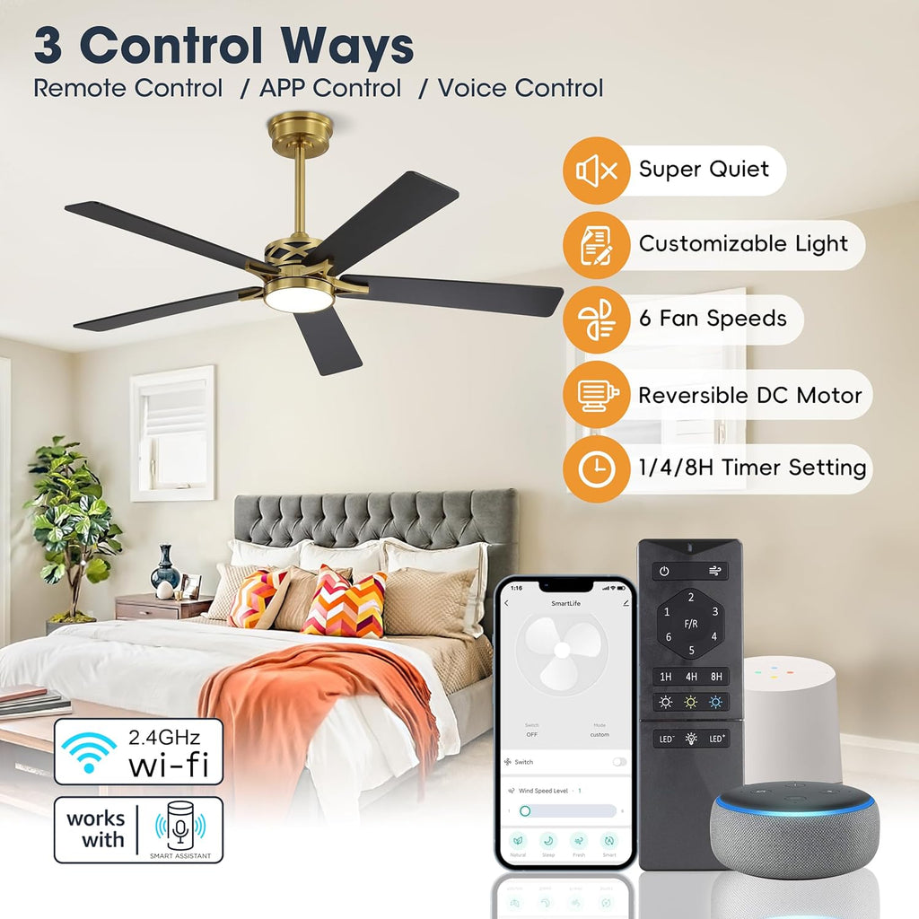 WINGBO 52" Smart Ceiling Fan with Lights, 5 Plywood Blades, 6 Speeds Reversible DC Motor, Works with Alexa and Google Assistant, 3CCT Dimmable LED Ceiling Fan for Bedroom Living Room, Brass and Black