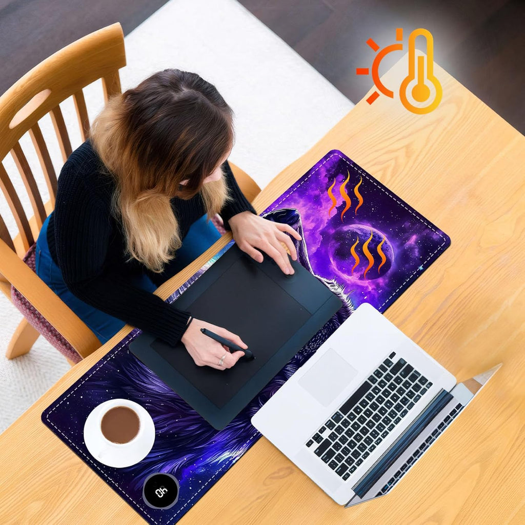 Heated Mouse Pad, Warm Desk Pad, Keyboard Mat 31.5 x 13 Inch Large Size Intelligent Fast Heating, 3 Speed Adjustable, Timed Auto Power Off for Game Office Home,Galaxy Wolf