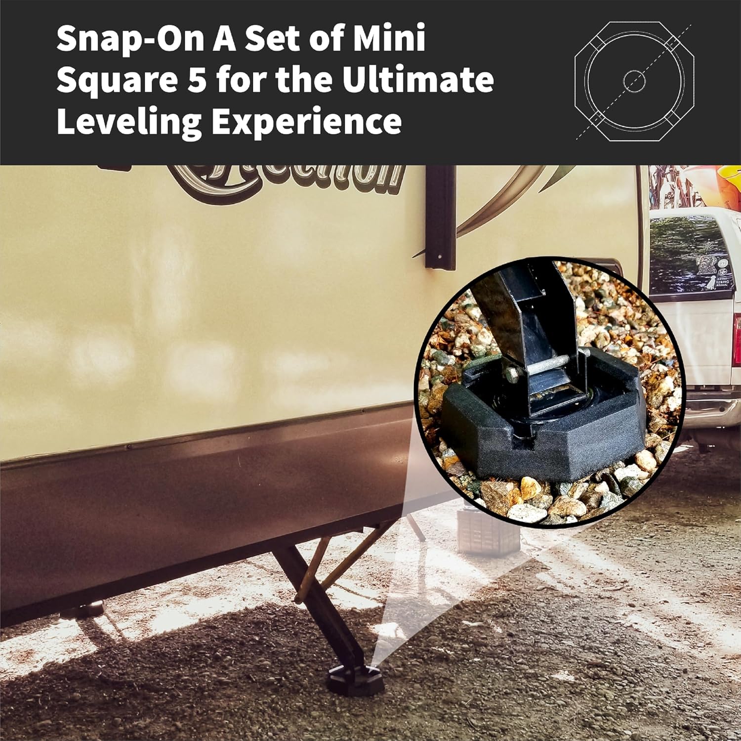 SnapPad Mini Square 5 (Pack of 4) | Four-Point RV Leveling System, 5.5" Square to 5.75" Round Jack Feet | 79% Additional Surface Area, 2.6 lbs. Per Pad & 8.15" Total Width | Must-Have RV Accessories