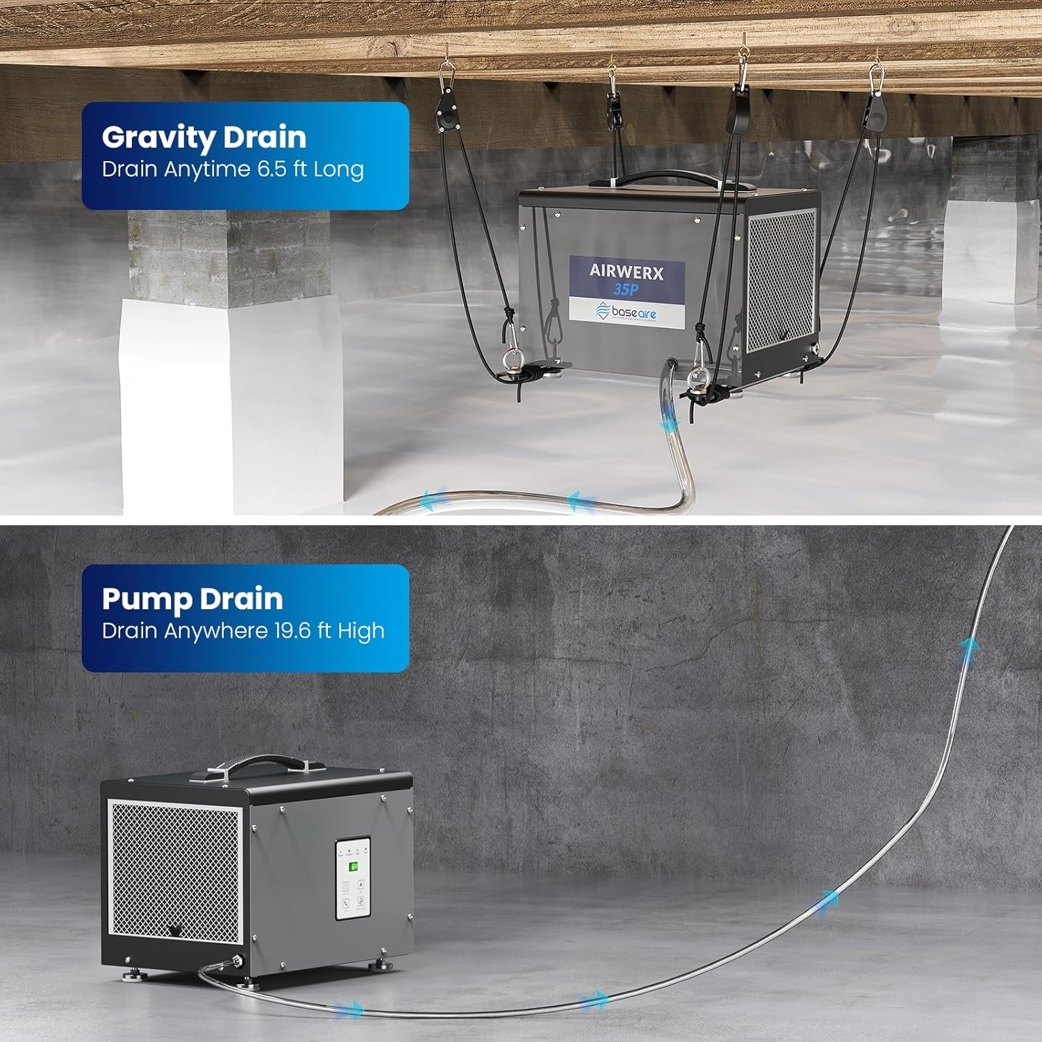 BaseAire Crawlspace Dehumidifier with Pump, Compact Dehumidifiers for Commercial, Basement and Water Damage with Drain Hose, 70 PPD, Auto Defrost, GLGR Technology, Up to 1000 Sq Ft