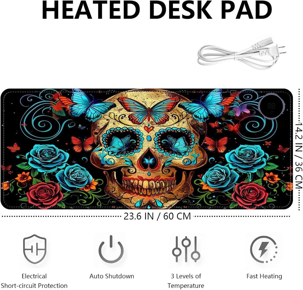 Heated Mouse Pad with 3 Levels Heated & 3 Hours Auto Shut-Off Mouse Pad for Warming Hands in Office Home, 23.6" x 14.2"Large Safe Desk Mat Hand Warmer，Skull Butterfly Blue Rose