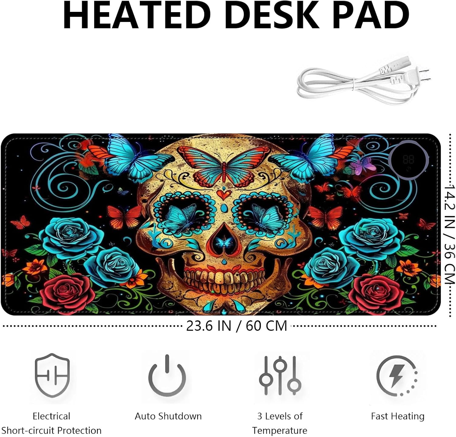 Heated Mouse Pad with 3 Levels Heated & 3 Hours Auto Shut-Off Mouse Pad for Warming Hands in Office Home, 23.6" x 14.2"Large Safe Desk Mat Hand Warmer，Skull Butterfly Blue Rose