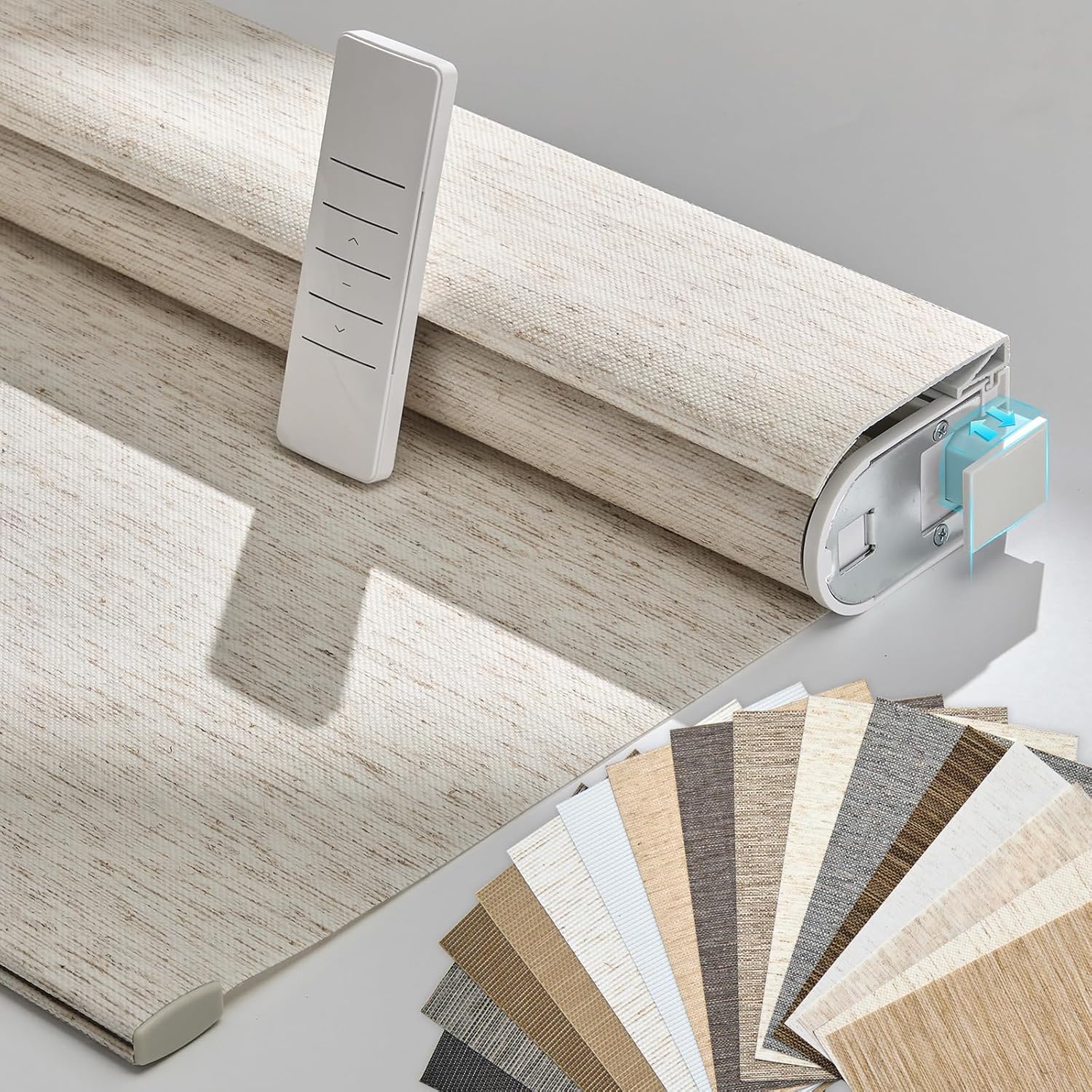 Persilux Smart Motorized Blinds with Remote, No Drill Automatic Roller Shades for Indoor Windows, Light Filtering Linen Fabric, Electric Blinds for Windows, Nature Cream C25-2, Custom Size