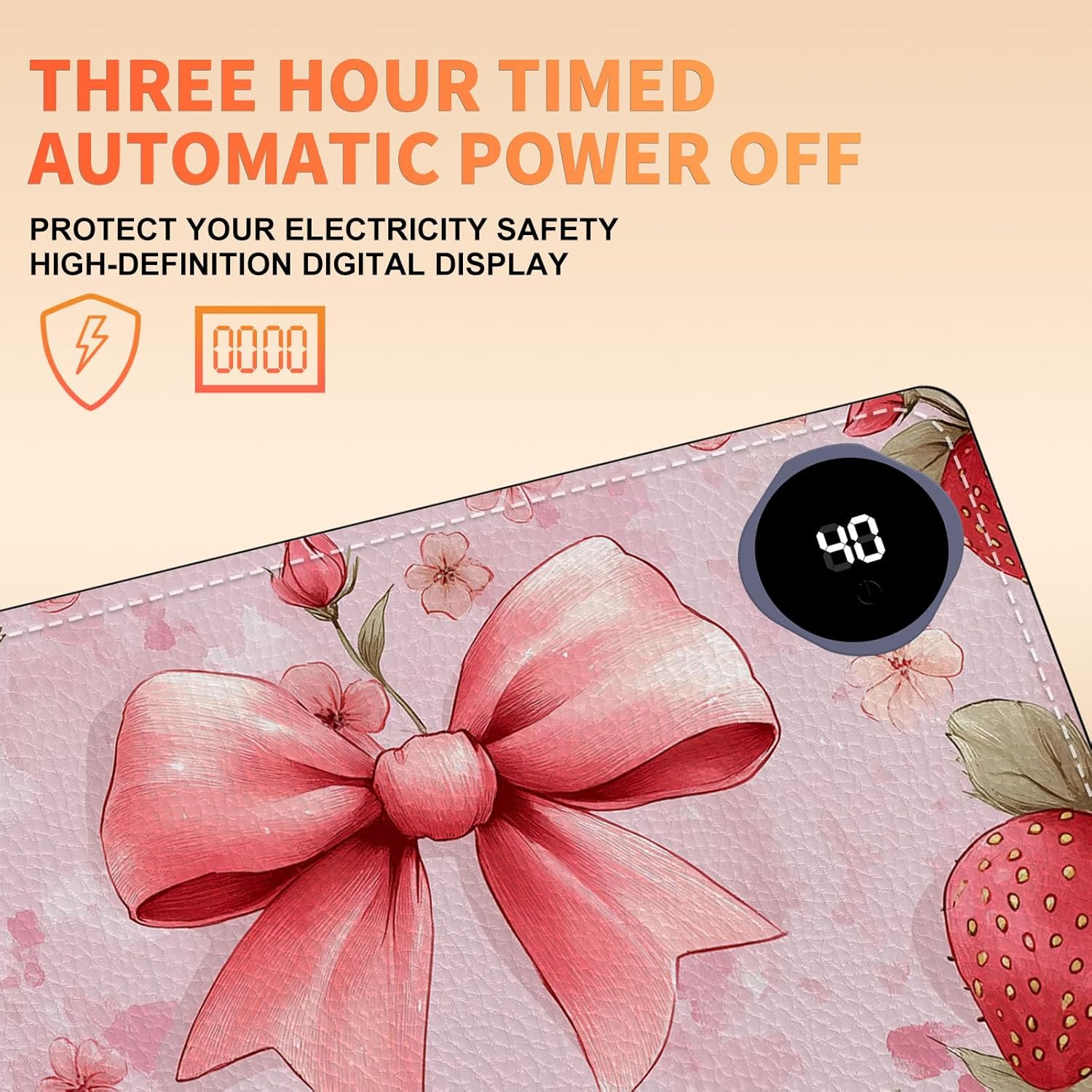 Heated Mouse Pad 23.6 x 14 in 3-Temp Fast Heating Desk Mat with Auto Timer Warmer for Hands Wrist Pain Relief Waterproof Keyboard Mat for Office, Gaming, Home, Pink Bow Floral