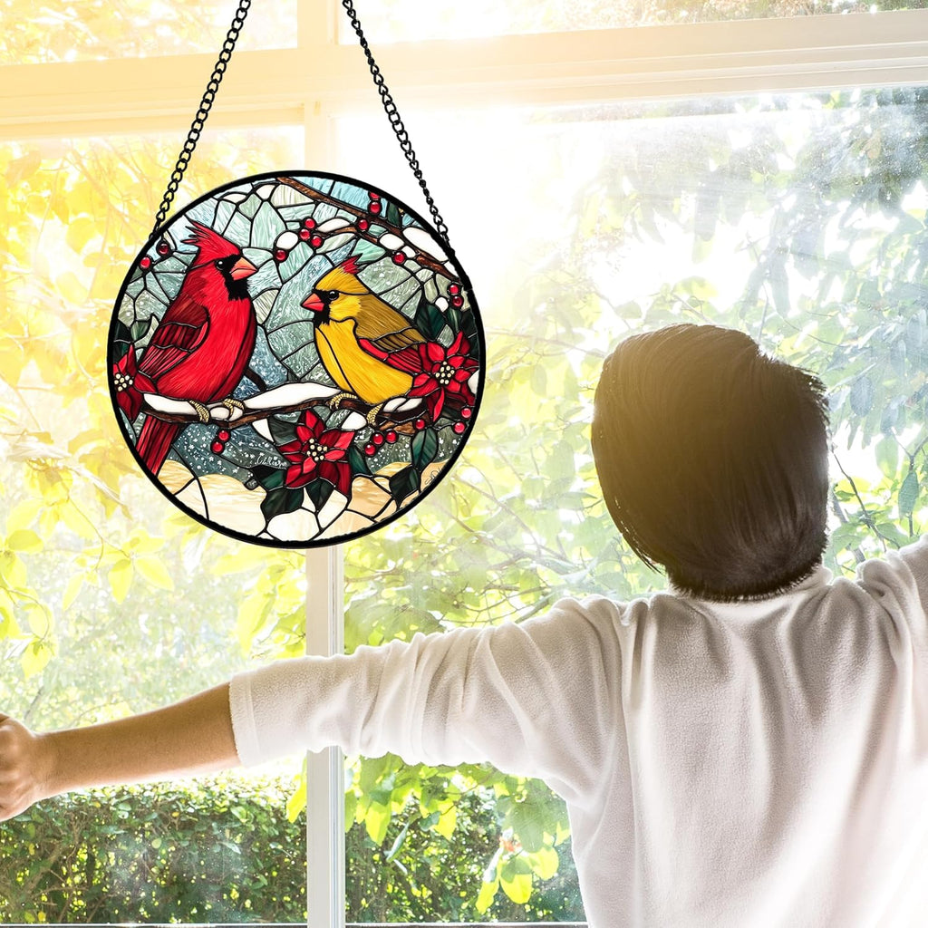 Stained Glass Window Hanging, Love Birds Cardinals Sun Catchers Colorful Glass Panel Birds Suncatcher Decor for Birthday for Women, Men, Wife, Lovers, and Mom 7.8 in