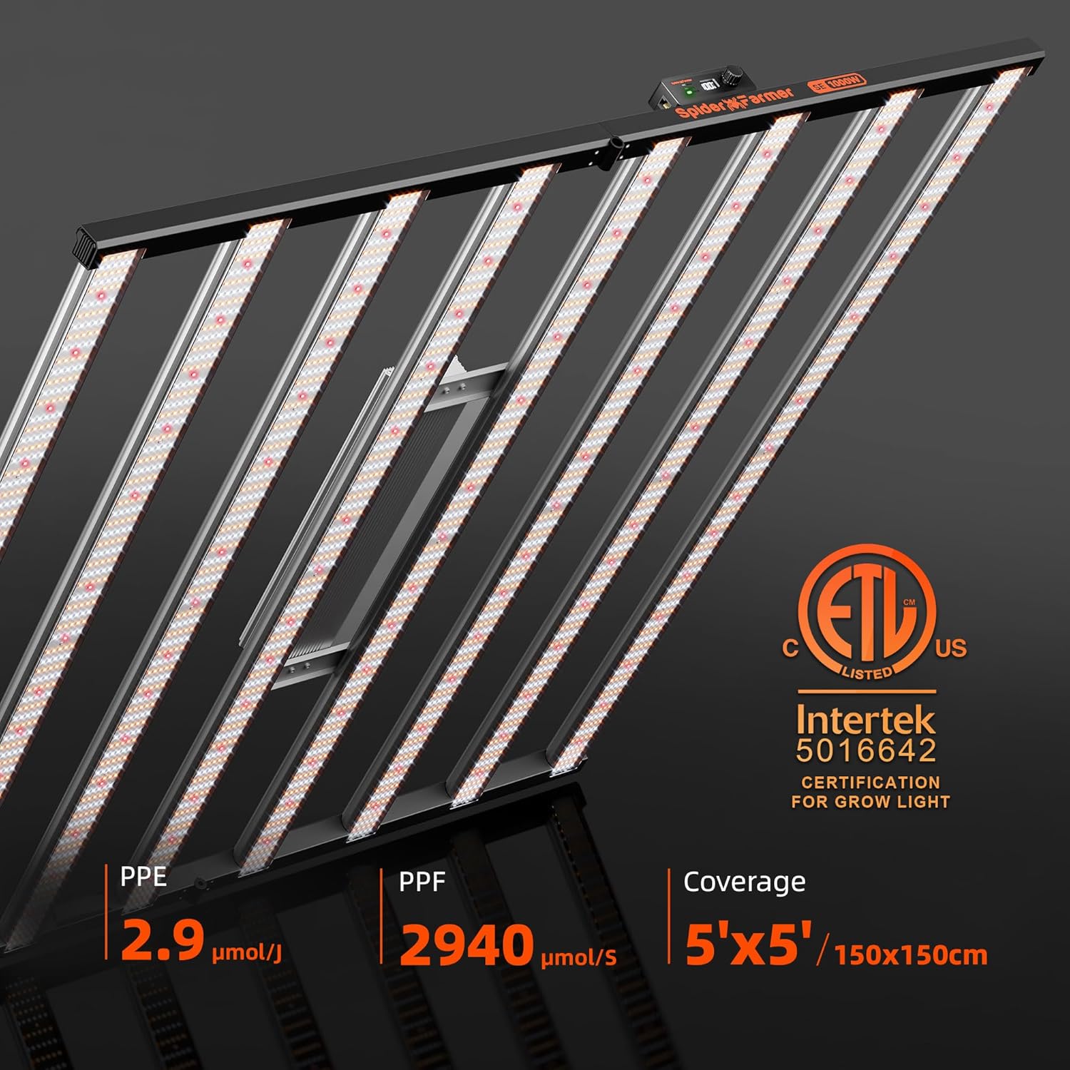 Spider Farmer SE1000W LED Grow Lights 1000w, Samsung LM301H EVO Diodes, 2025 Upgraded Remote App Control, 5x5ft Coverage Dimmable Daisy Chain Bar Style Commercial LED Growing Lamp, Vertical Farming