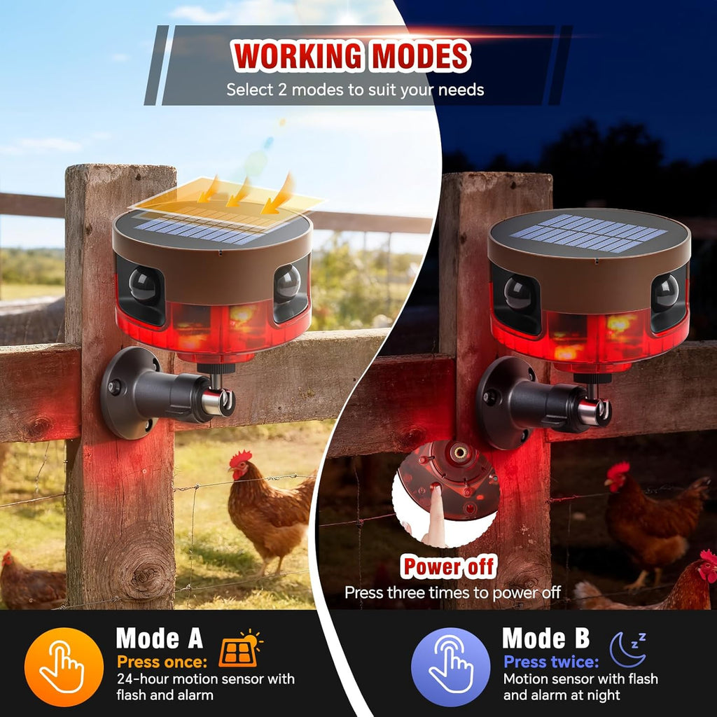 Solar Outdoor Motion Sensor Alarm-Dog Barking or Gunshot Sound, 130dB Noise, 13 Sounds & 360° Motion Detector Alarm Support Recording, with Remote Controller for Home, Villa,Yard,Chicken coop