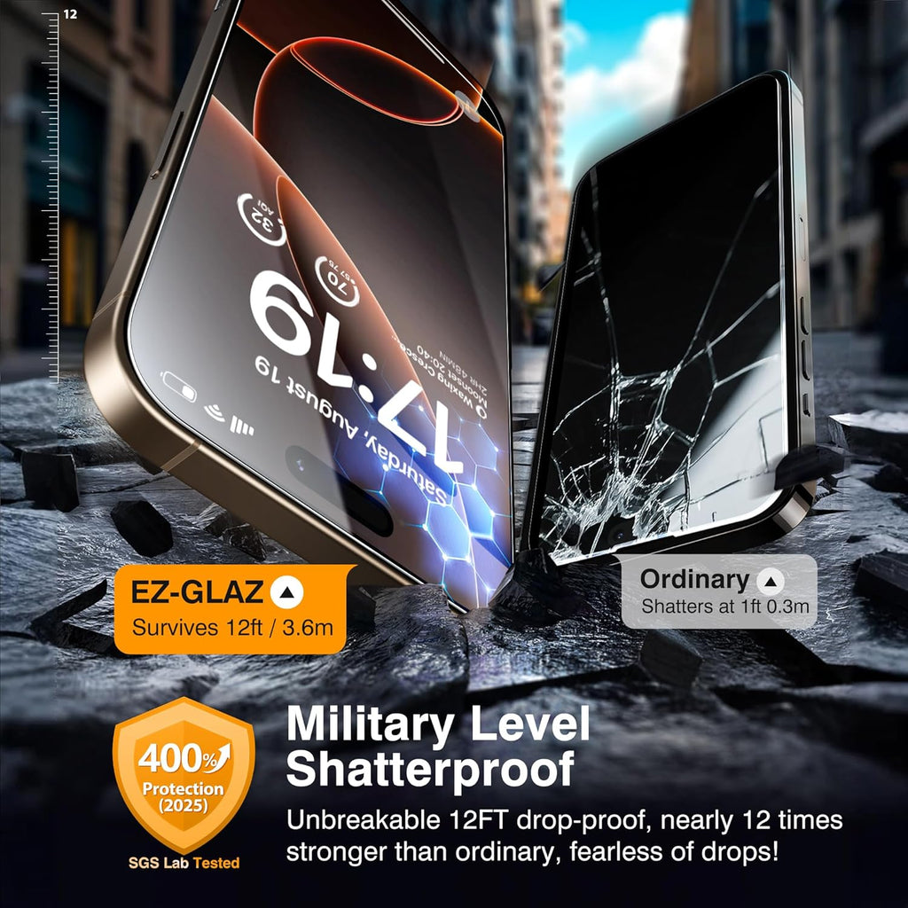 EZ-GLAZ- 4 Pack for iPhone 16 Pro Max Screen Protector[6.9"] With 2 Pack Camera Lens Protector, 9H+ Hardness 12FT Military Grade Shatterproof Scratch Resistant Durable Tempered Glass Film with Flawless Fit Kit, HD Clear
