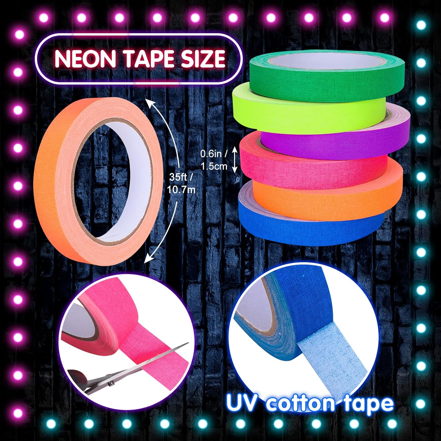 Whaline 6 Colors Neon Gaffer Cloth Tape, Fluorescent Rainbow Color UV Blacklight Tape for UV Party (0.6 inch x 35 feet)