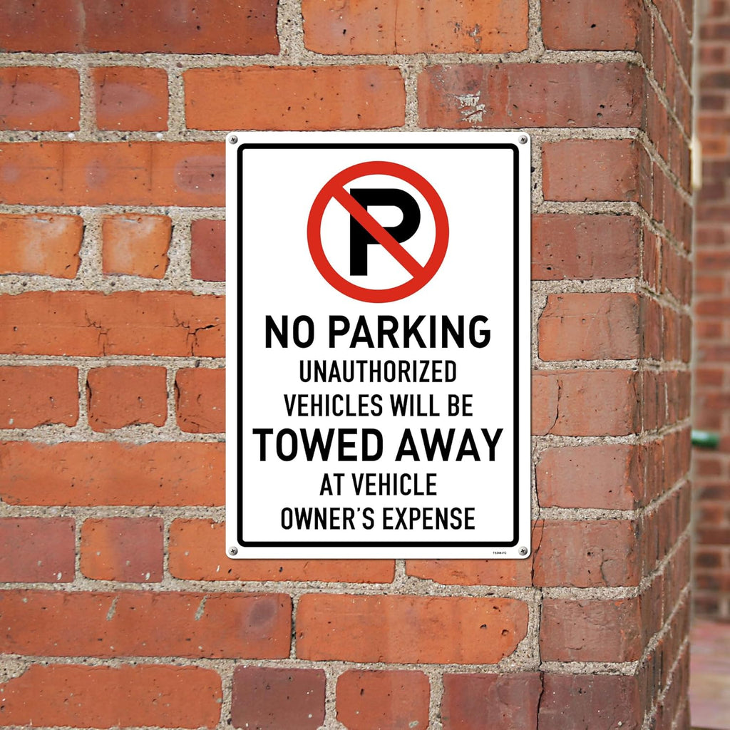 Brimar 12"x18" No Parking Vehicles Towed Away Sign - Aluminum, Weatherproof, Bold Red Lettering, Essential Warning for Vehicle Owners.