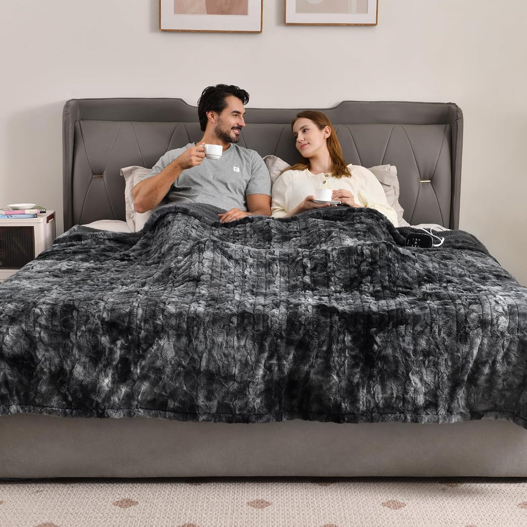 Bearhug Heated Blanket Full Size 77"x 84", Marble Black Electric Blanket, Reversible Faux Fur & Sherpa, 10 Heating Levels & 1-12H Auto Off, Over-Heat Protect, ETL, Washable Heated Blanket