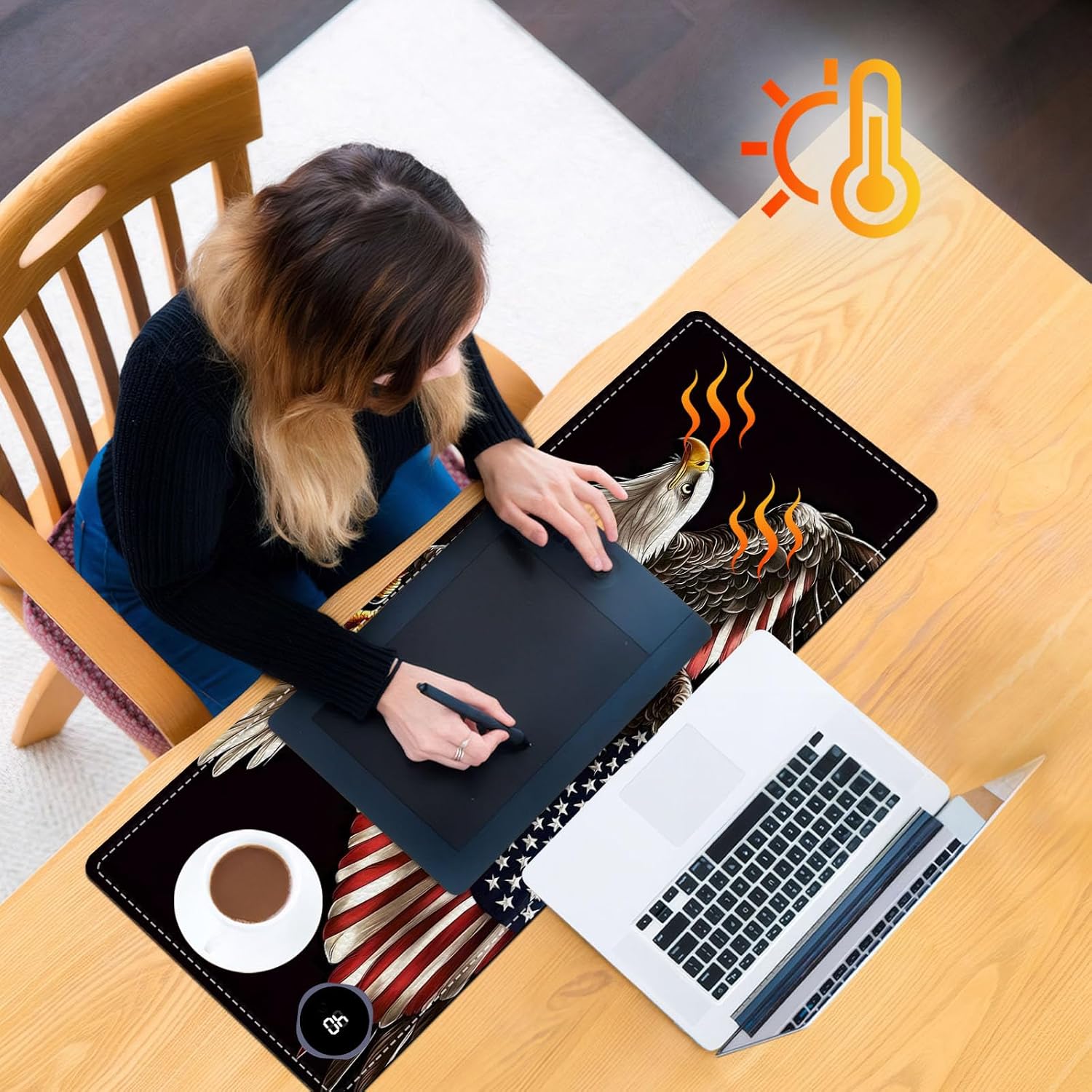 Heated Mouse Pad, Warm Desk Pad, Keyboard Mat 31.5 x 13 Inch Large Size Intelligent Fast Heating, 3 Speed Adjustable, Timed Auto Power Off for Game Office Home,Soaring American Flag Eagle