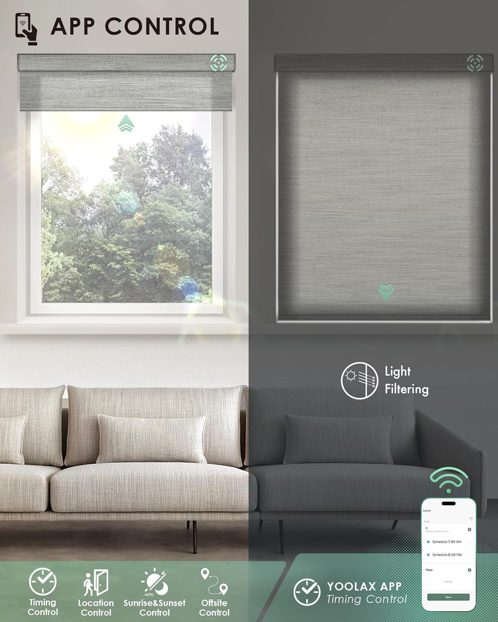 Yoolax Motorized Blinds with Remote, Light Filtering Smart Blinds Compatible with Alexa Google Home, Automatic Roller Shades for Indoor Windows Living Room, Custom Size (Starlight Light Gray)