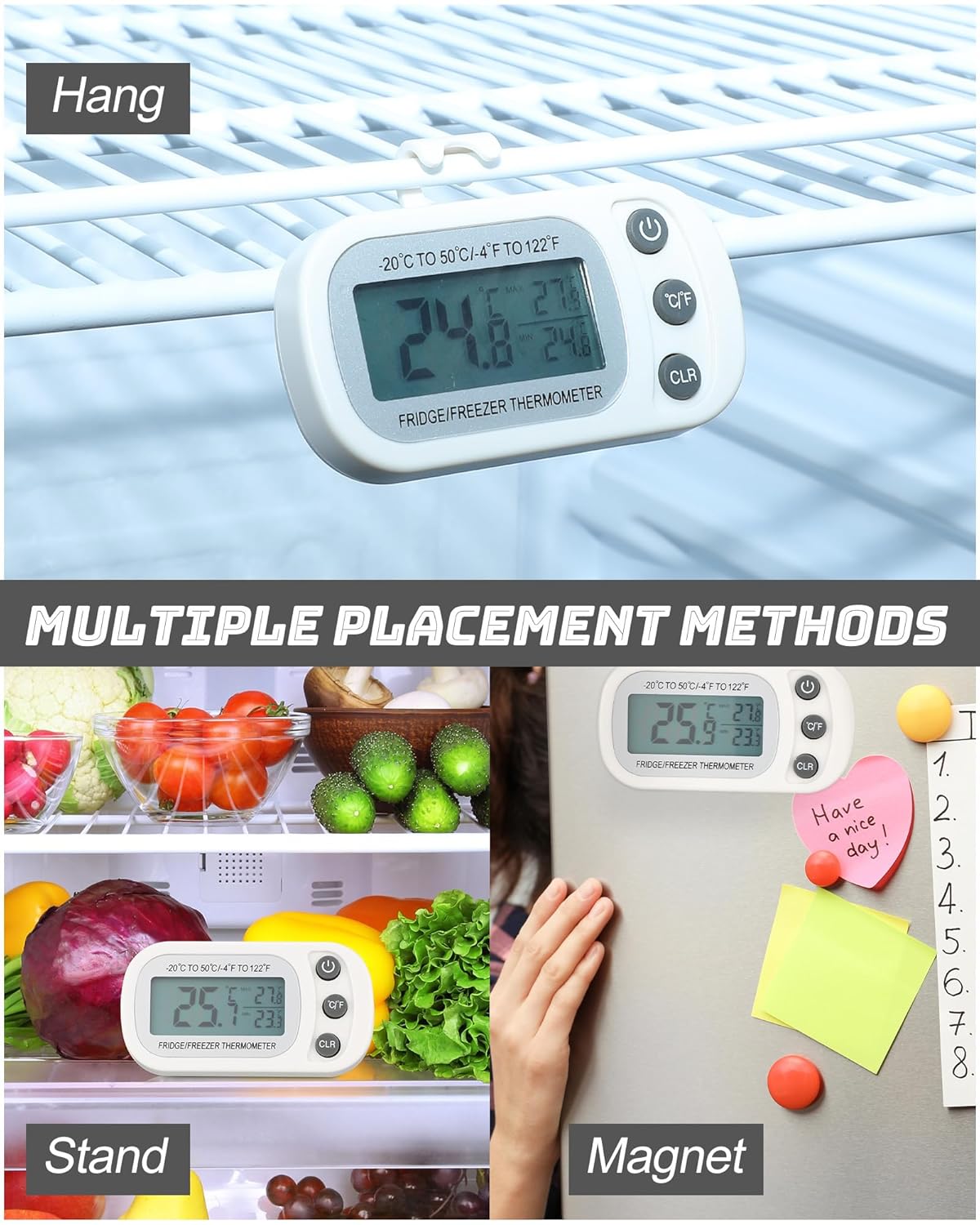 Frienda 16 Pack White Digital Fridge Thermometer Waterproof Refrigerator and Freezer Room Max/min Record Function LCD Screen Refrigerator Thermometer with Hook and Magnetic Back for Home