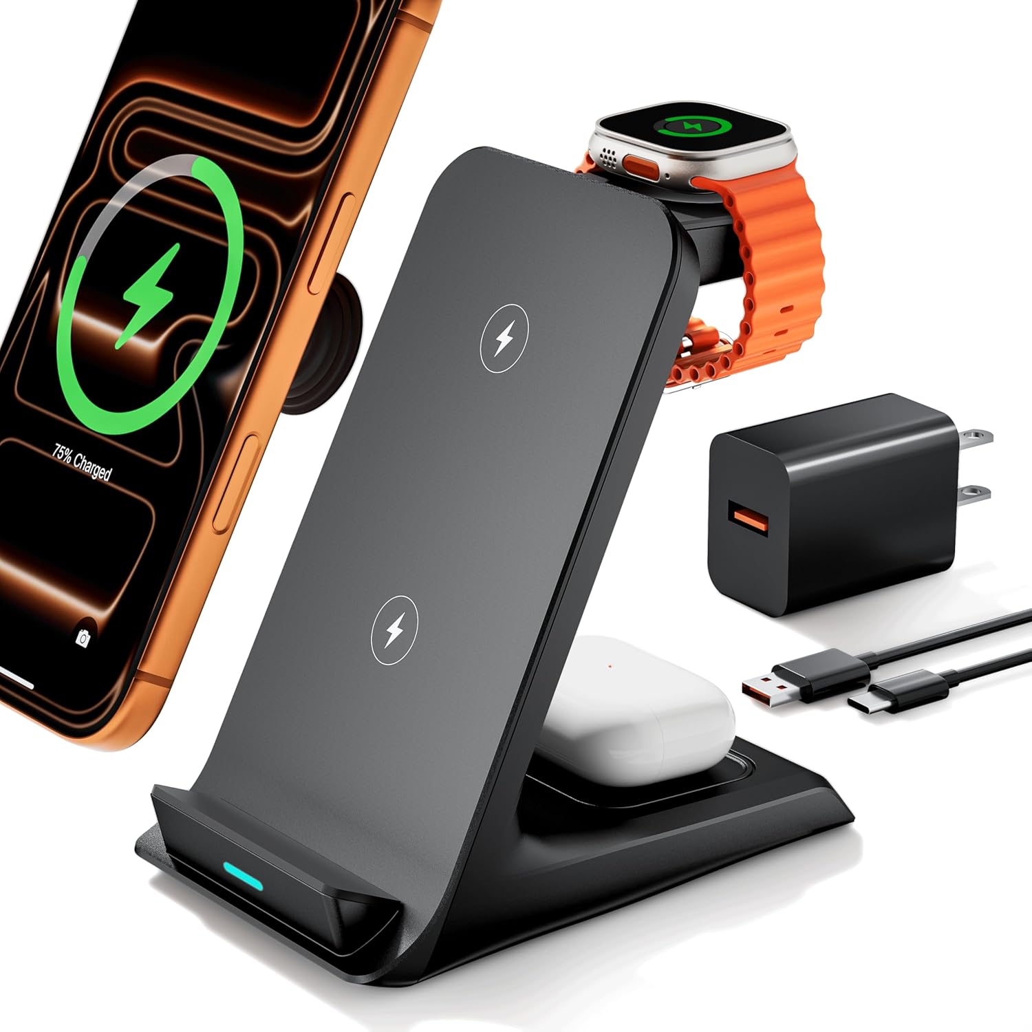 Wireless Charger for Thick Cases of 10MM/Otterbox/Popsocket Compatible, 3 in 1 Charging Dock for iPhone 17 16 15 14 13 Pro Max, Charging Station for Multiple Devices for Apple Watch/AirPods